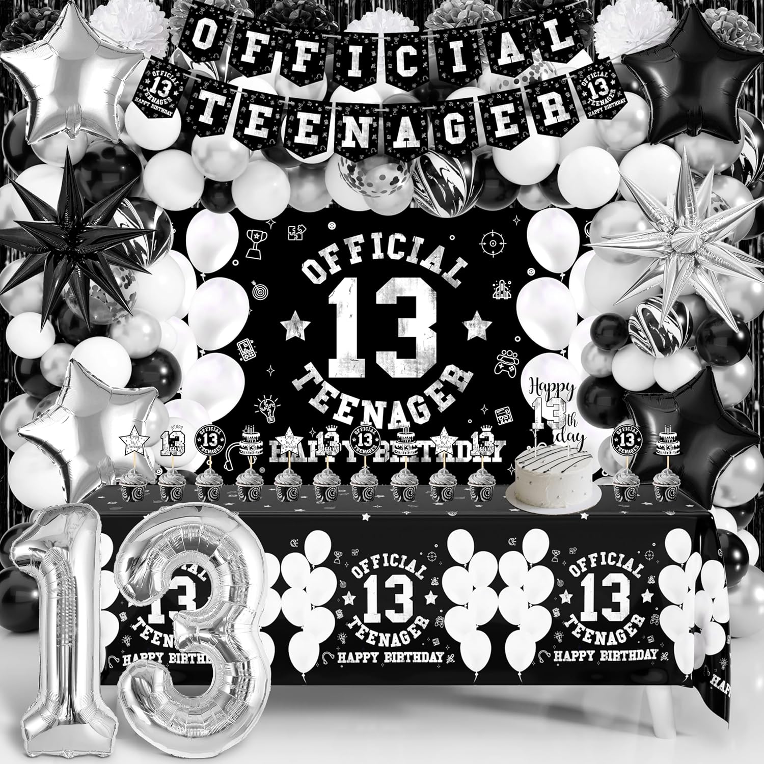 13th Birthday Decorations for Boys, Official Teenager Happy 13th Birthday Decor with Banner Backdrop Tablecloth & Number 13 Balloon Arch Kit for 13 Year Old Birthday Party Supplies(Black Blue)