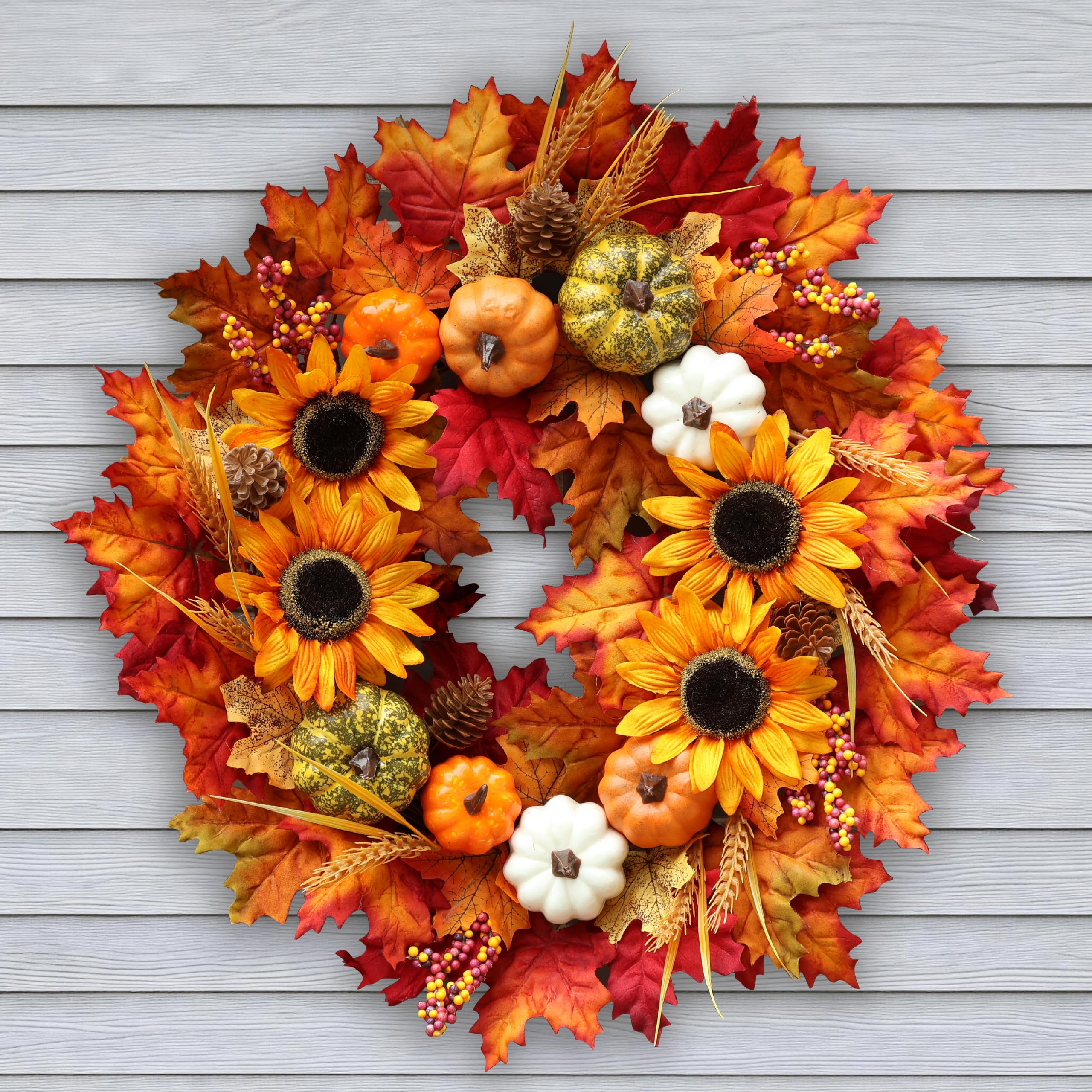 Couronne d'automne de tournesol pour porte d'entrée avec feuilles d'érable | Couronne d'automne artificielle avec pommes de pin pour Thanksgiving, Halloween, décoration de fenêtre, mur, ferme