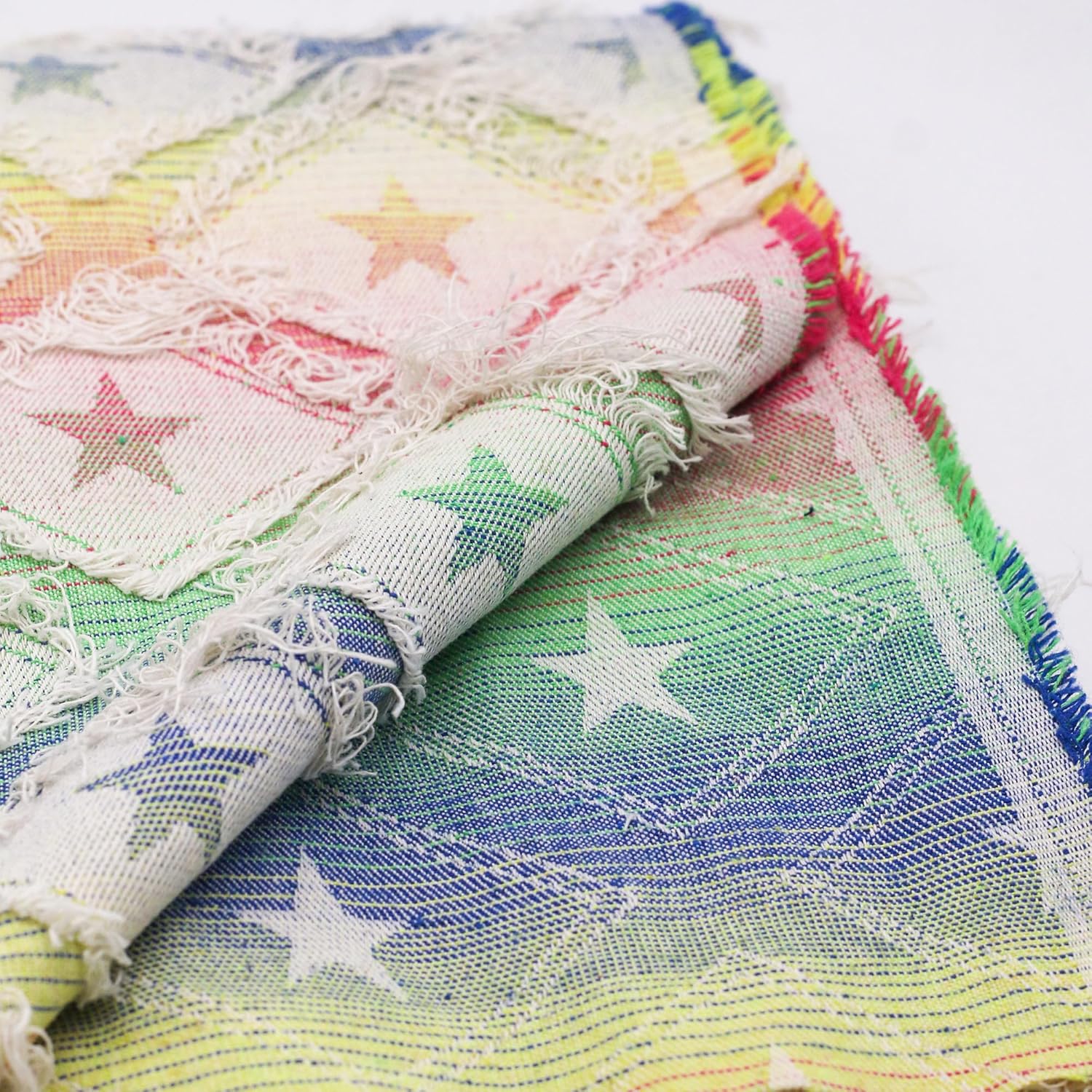 10.6oz Jacquard Fringed Denim Fabric | Pre-Washing Treatment Star Pattern Multi-Colored Base | 80% Cotton 20% Polyester, 67 Inches Wide, Non-Stretch Pre-Cut by Yard (2 Yard pre Cut)