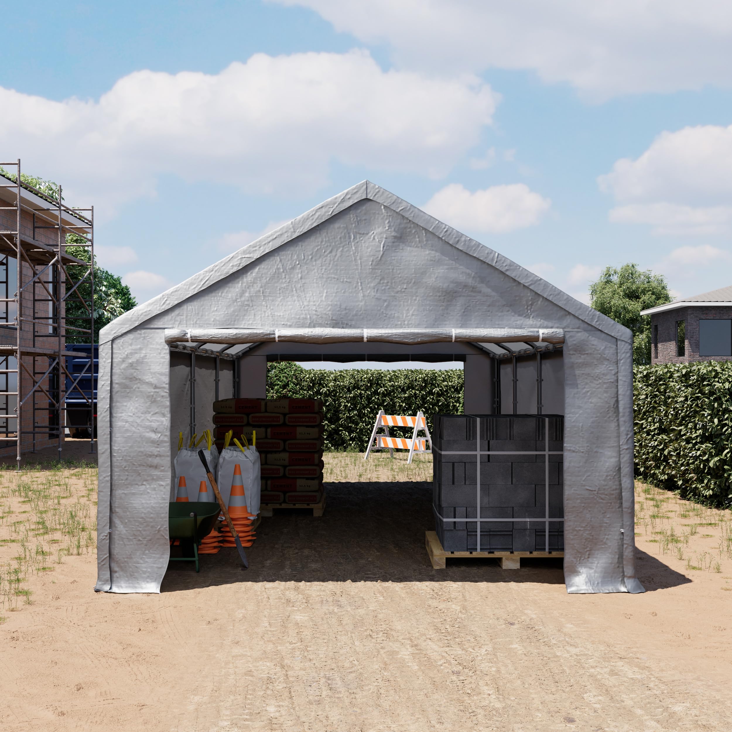TOOLPORT Lagerzelt 4x8 m Zelthalle Unterstand Zeltgarage PE Plane 350 N wasserdicht in grau