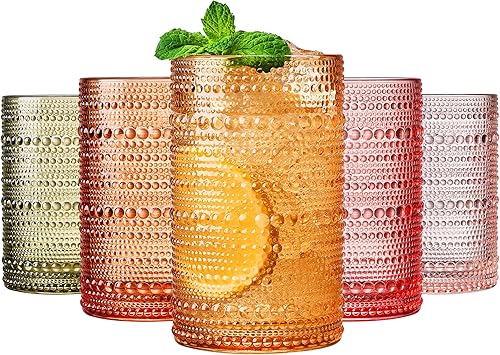 Miniatura 11 de Khen Juego de 6 vasos con cuentas para beber, diseño vintage de hobnail de 12 onzas, diseño de burbujas apagadas para whisky, anticuado, diseño en