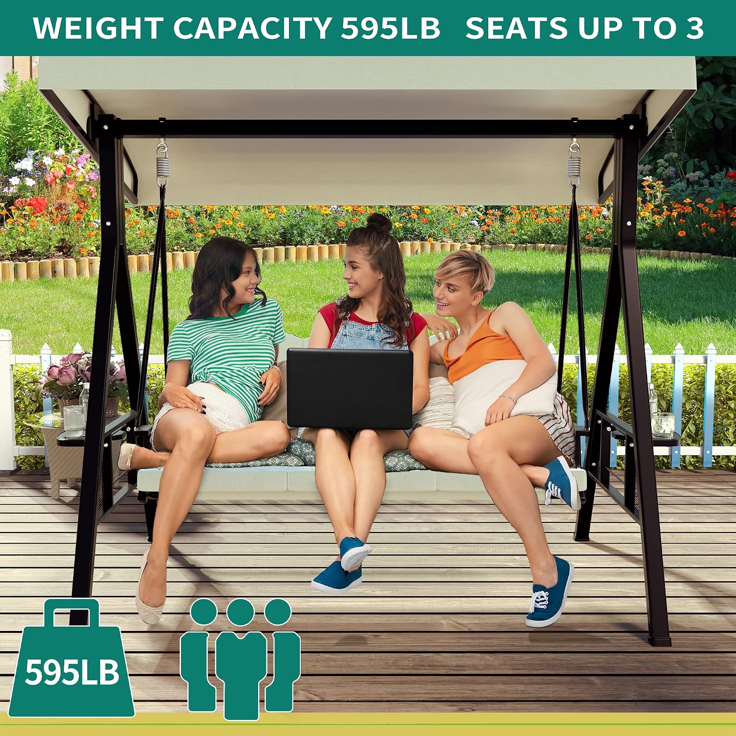 Three people sitting comfortably on the swing chair, demonstrating its 595lb weight capacity.