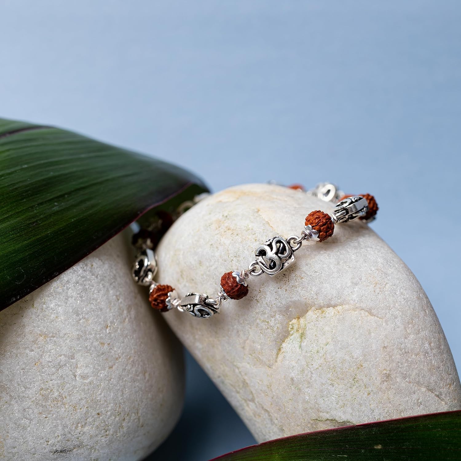 Hem Jewels Pure Silver Rudraksh Rakhi for Brother | Silver Rudaksh Bracelet for Men | Silver Rakhi | Design: Om Cuboid Beads (HJRKH-67)