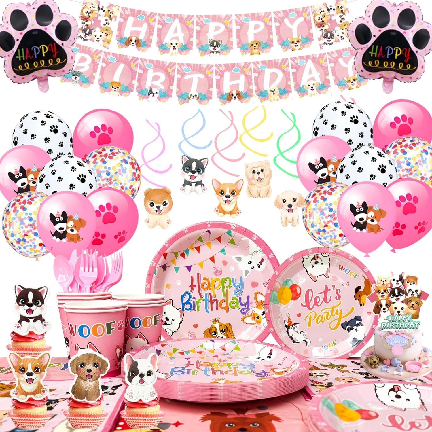 Pink Puppy Birthday Decorations Tableware for 16 Guests, Pink Puppy Plates Cups Napkins Dog Party Banner Balloons Cupcake Toppers etc Dog Birthday Party Supplies