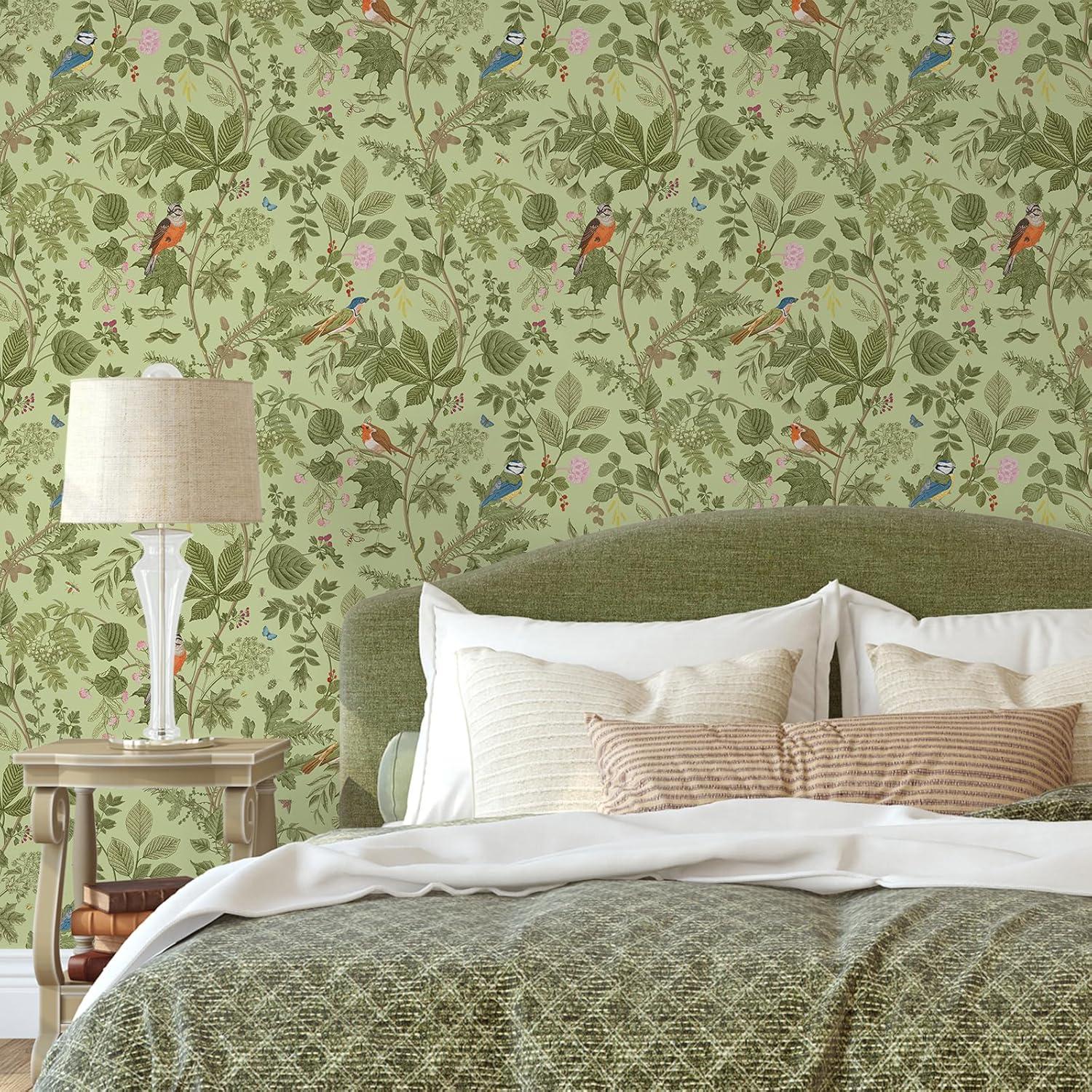 VEELIKE Vintage Floral Peel and Stick Wallpaper Green Bird Chinoiserie Wallpaper for Bedroom Bathroom 17.7''x354'' Self Adhesive Removable Green Contact Paper Floral Wall Paper for Living Room Kitchen