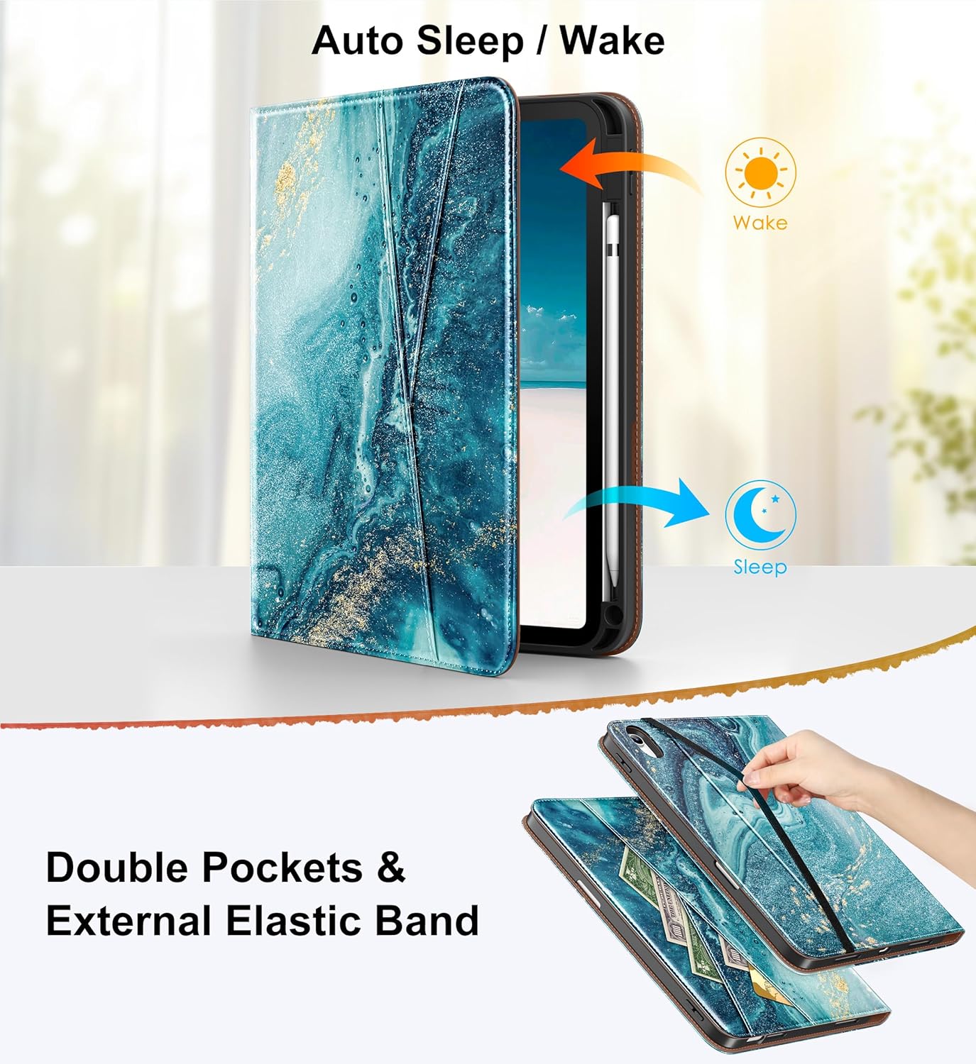 DTTO for iPad A16 Case, iPad 11th / 10th Generation Case (2025/2022), 360 Degree Rotating Premium Leather Folio Stand Cover with Pencil Holder, Sandy Wave