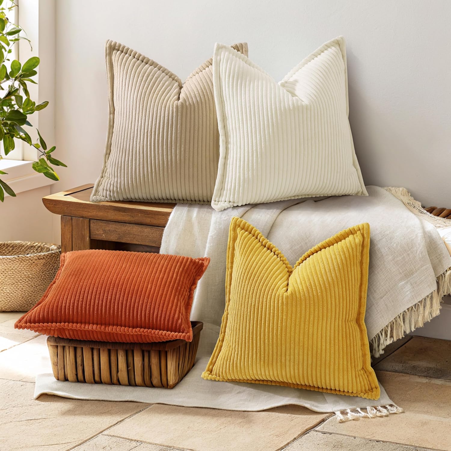 decorUhome Spring Corduroy Cream White Throw Pillow Covers 18x18 Set of 2 Decorative Soft Boho Farmhouse Couch Pillow Covers for Living Room Bed Sofa Broadside Striped Pillow Cases - Image 4