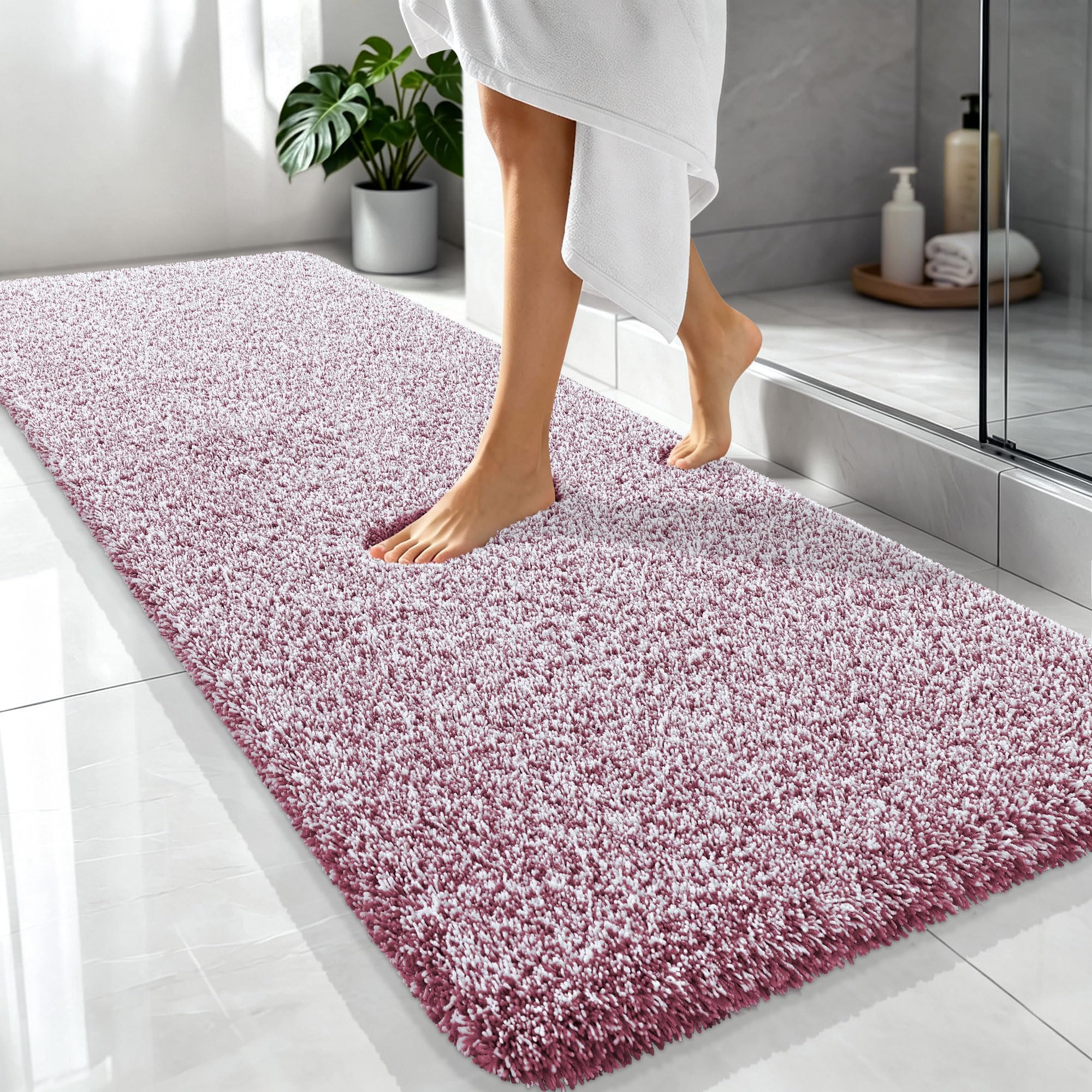 OLANLY Microfiber Bathroom Rugs 70x24, Quick Dry Mat, Burgundy and White