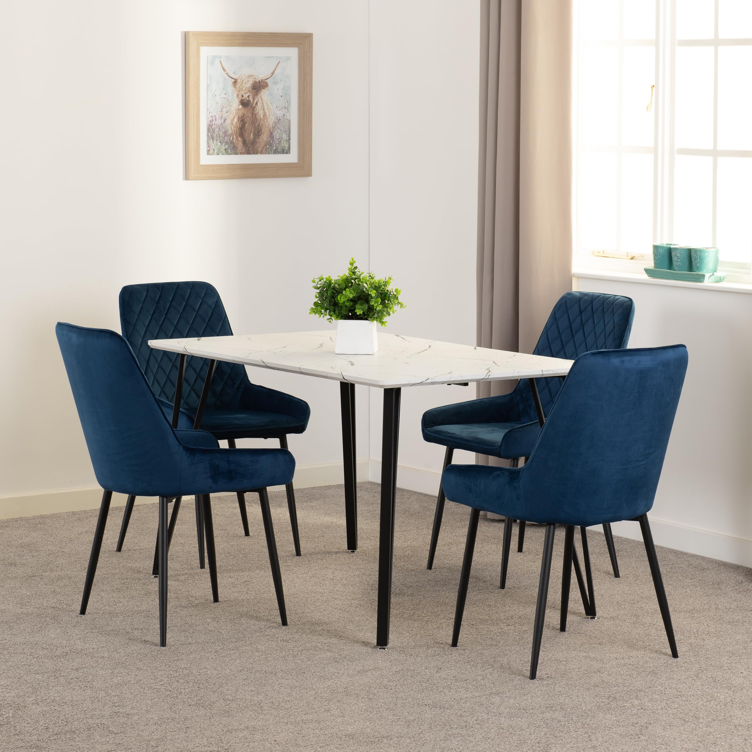 Seconique Marlow Dining Set White Marble With 4 Blue Avery Velvet Chairs from B&Q
