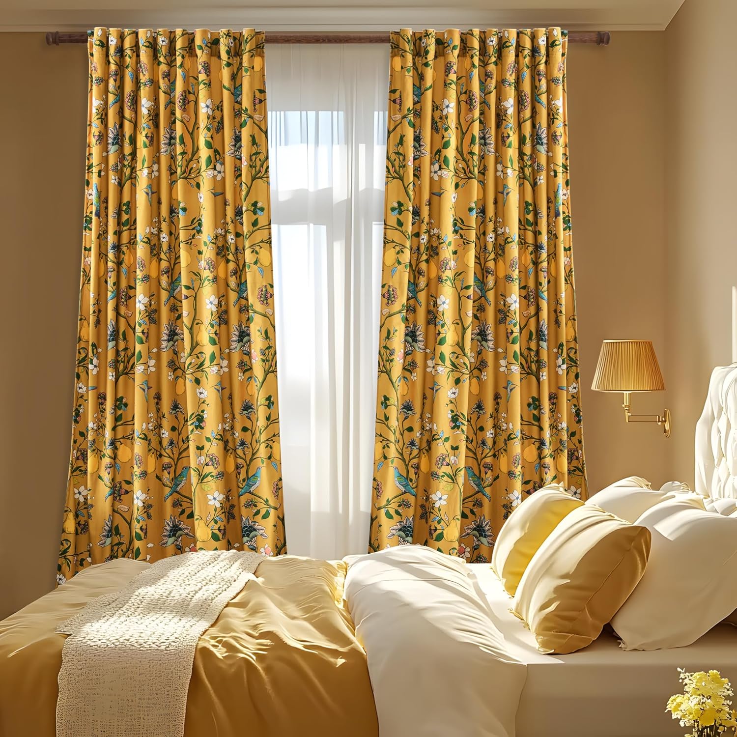 Mustard Yellow Luxury Velvet Floral Curtains 84 inches for Living Room,Vintage Victorian Botanical Blackout Curtain Drapes,2 Panels Mid Century Art Deco Bird Flower Window Curtains for Bedroom