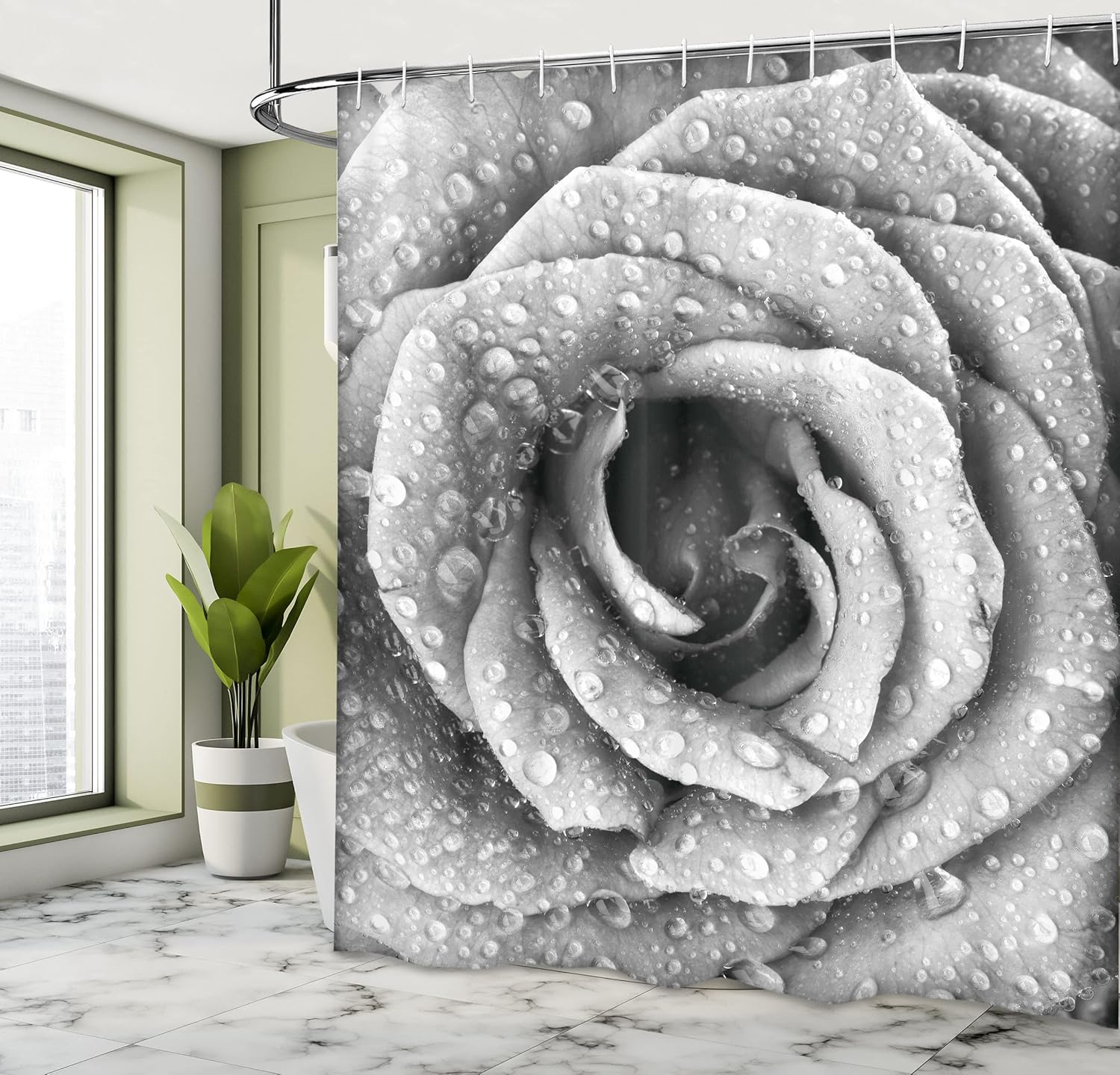 Ambesonne Flower Shower Curtain, Retro Romantic Rose Petal with Rain Water Drops Valentines Love Picture, Cloth Fabric Bathroom Decor Set with Hooks, 69" W x 84" L, White Black