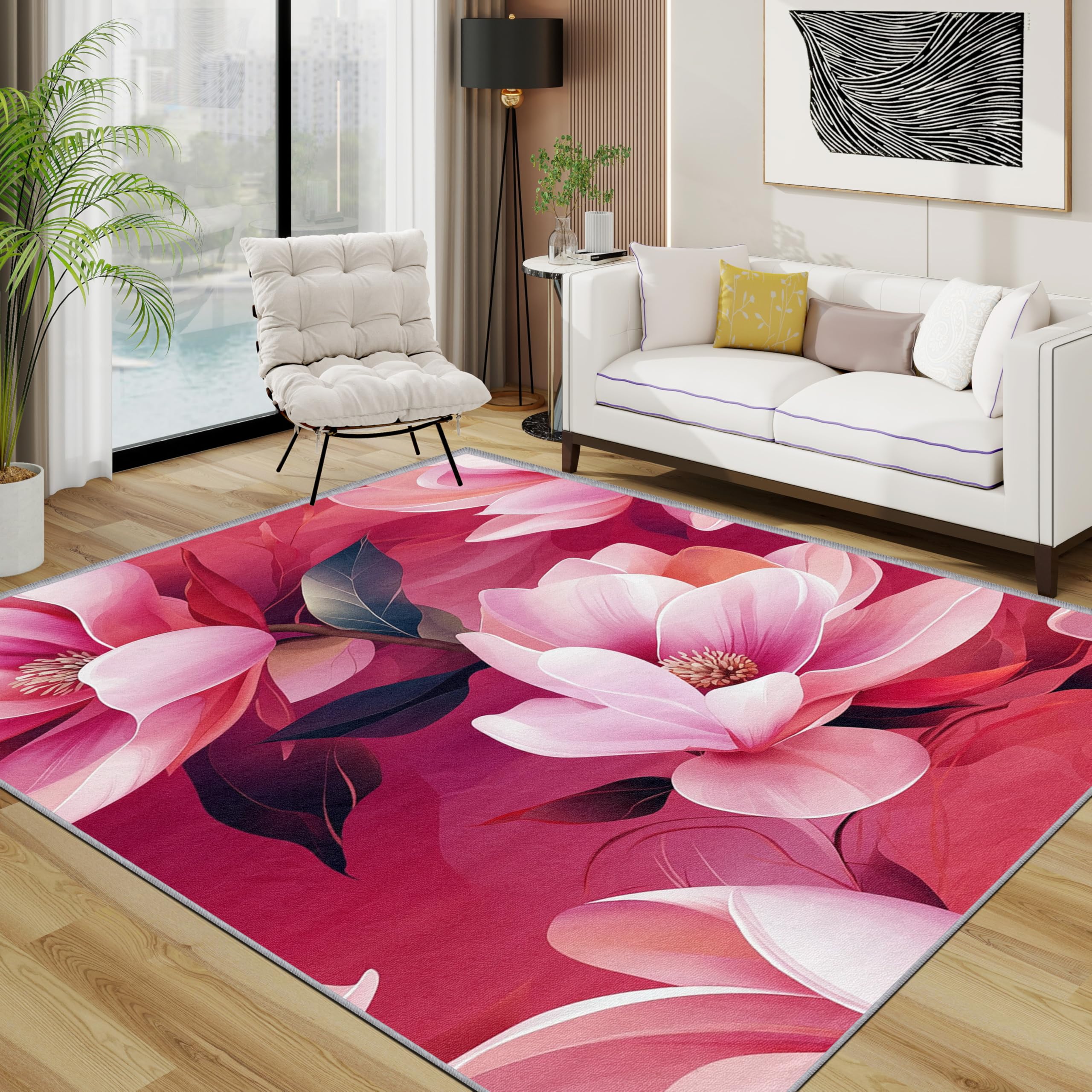 Blumen Teppich Wohnzimmer 200x300 cm,Rosa Magnolie Geblümt Teppiche Waschbar Für Schlafzimmer,Blüten Mädchen Waschbar rutschfest Weich Groß Esszimmer, Rosa Rot Dunkelgrün