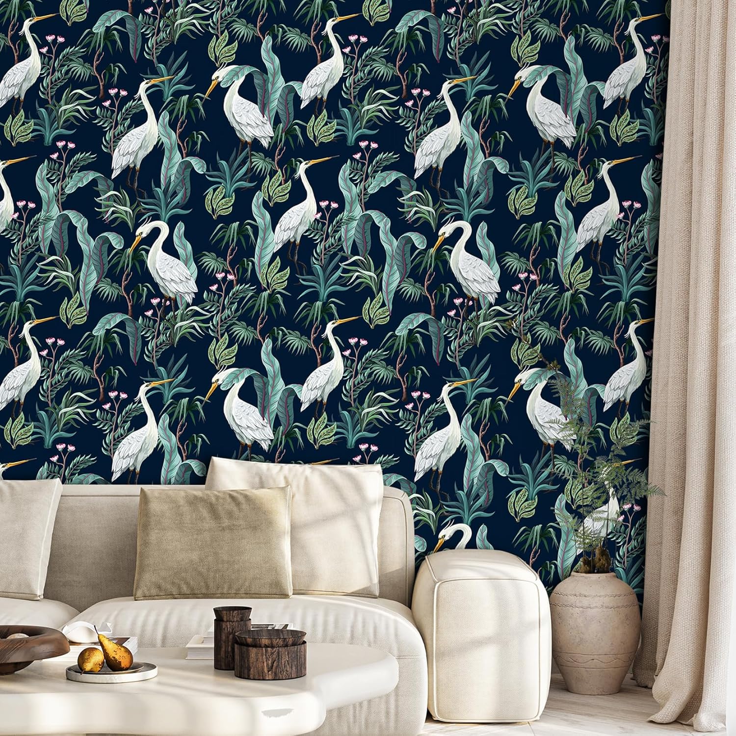 ReWallpaper Navy Blue Tropical Wallpaper Peel and Stick Retro Green Botanical Wallpaper for Bedroom Removable White Crane Bird Wall Paper for Bathroom Waterproof Contact Paper Shelf Liner 17.5in×10ft