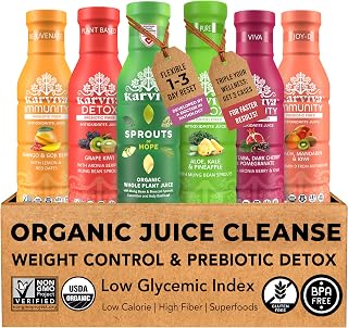 Karviva Organic Juice Cleanse Weight Control Pack - Ancient Remedies to Curb Sugar Cravings, Prebiotic Detox with Anti-Bloat Support, High Fiber Sprouts, Aloe & Adaptogens for Digestion & Gentle Cleansing, 6 BPA-Free Bottles (12 oz)