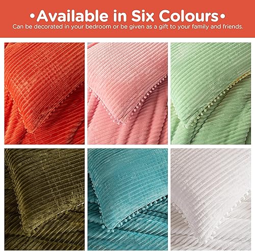 Miniatura 6 de Juego de edredón reversible de 3 piezas de color naranja quemado, juego de edredón de terciopelo a rayas terracota estético con pompones de