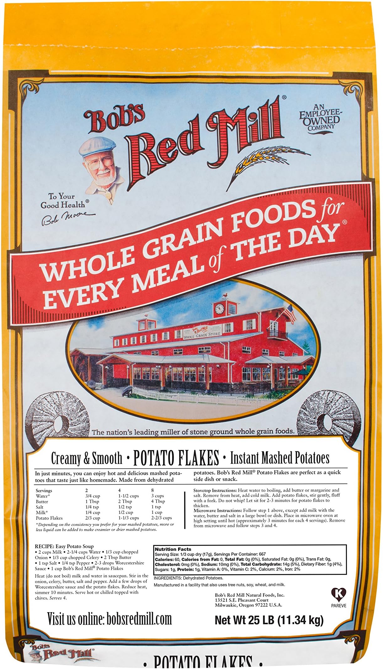 Bob's Red Mill Instant Mashed Potatoes Creamy Potato Flakes, 25 Pound