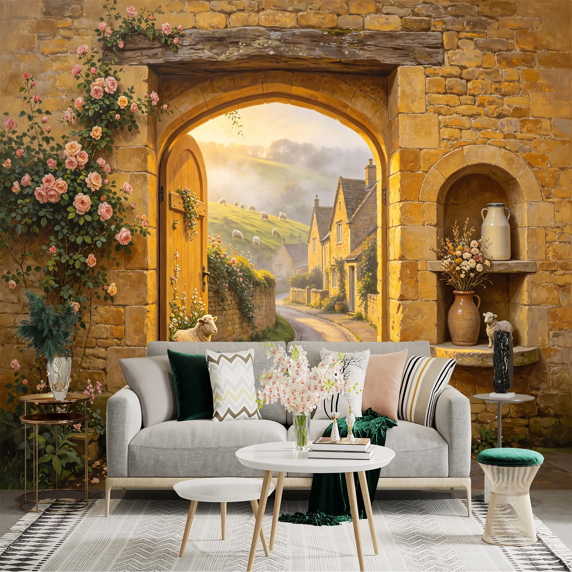 Custom Size Wall Sticker Mural， Rustic Cottage Path with Stone Archway， Roses and Countryside Landscape， for wall Decoration， peelandstick wall Decals.