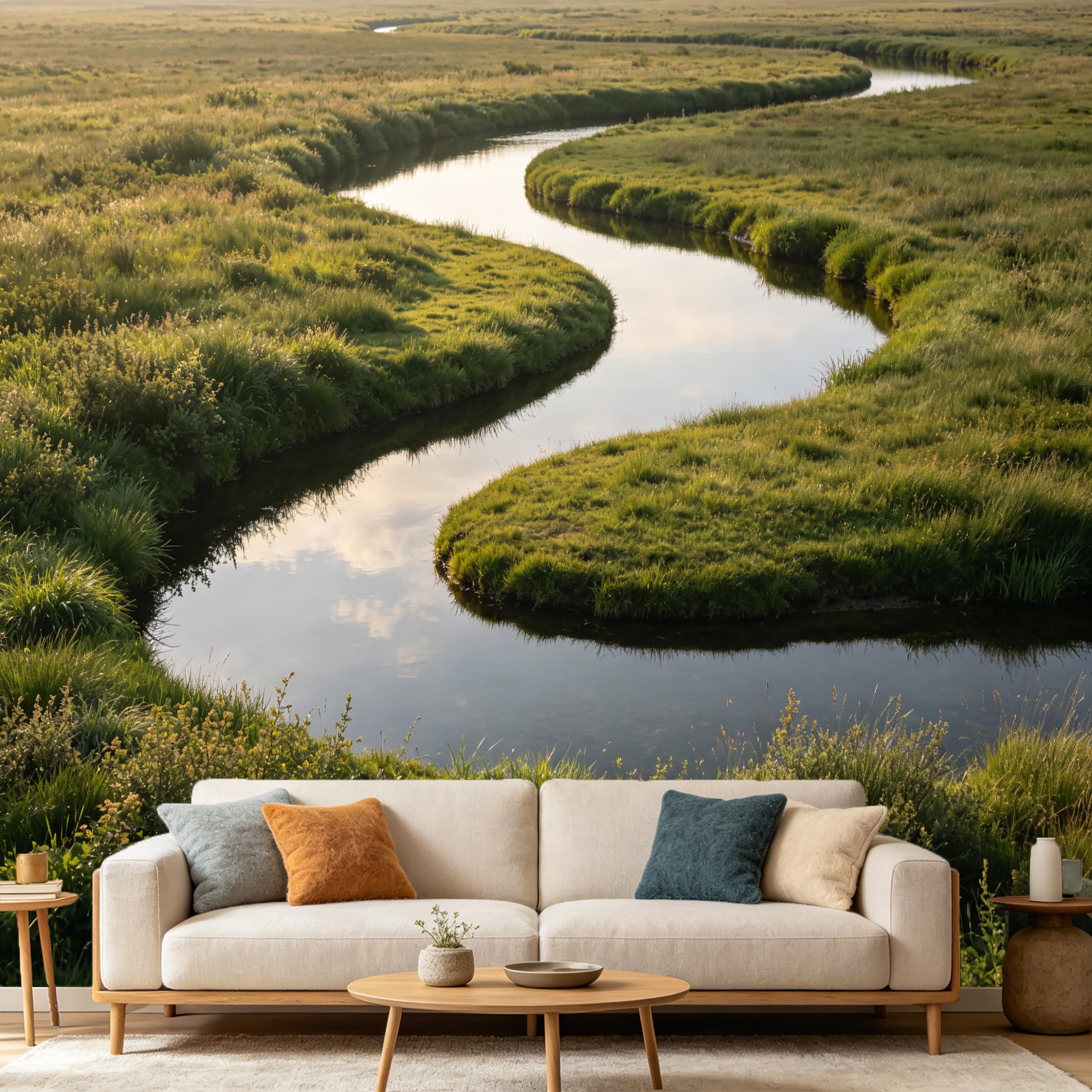 Custom Size Wall Mural Landscape Winding River Meadow Sunset Nature View SelfAdhesive Art Prints wall Fabric（No PVC） Removable Wallpaper Home Bedroom Decor