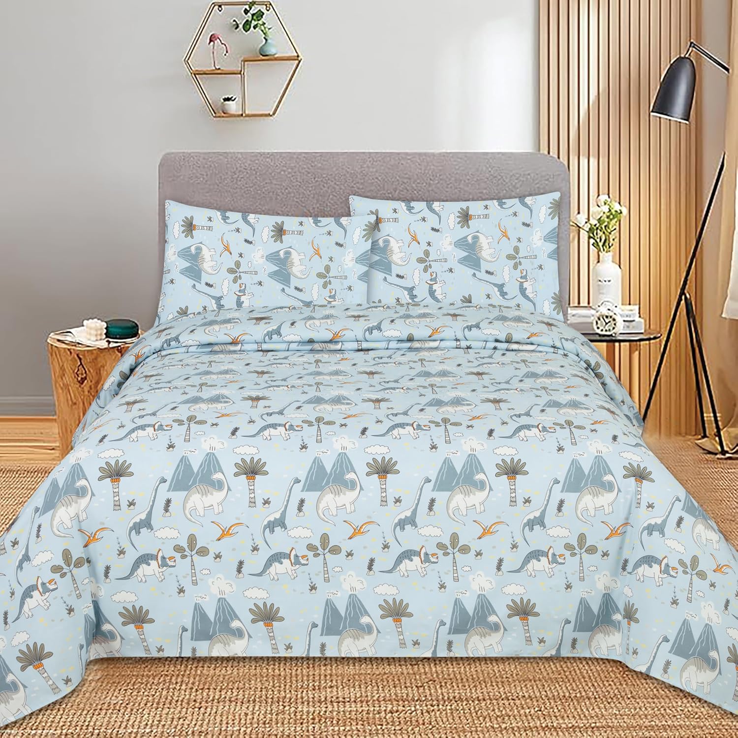 MK Collection Sheet Set Kids Teens Dinosaur Blue White Light Blue Orange Luxury Sheet Set New (Queen)