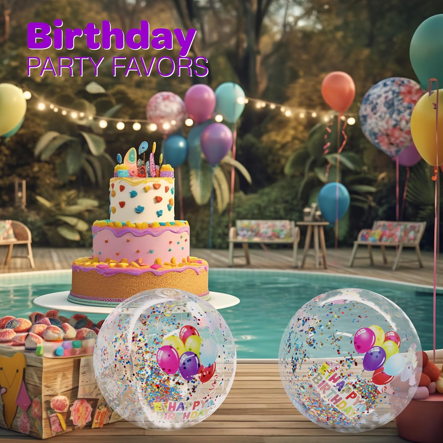 4E's Novelty 22 Inch Large Happy Birthday Beach Ball with Glitter Inside, for Pool Birthday Decorations Supplies, Outdoor Yard Games, Inflatable Pool Toys for Kids Adults (Pack of 2)