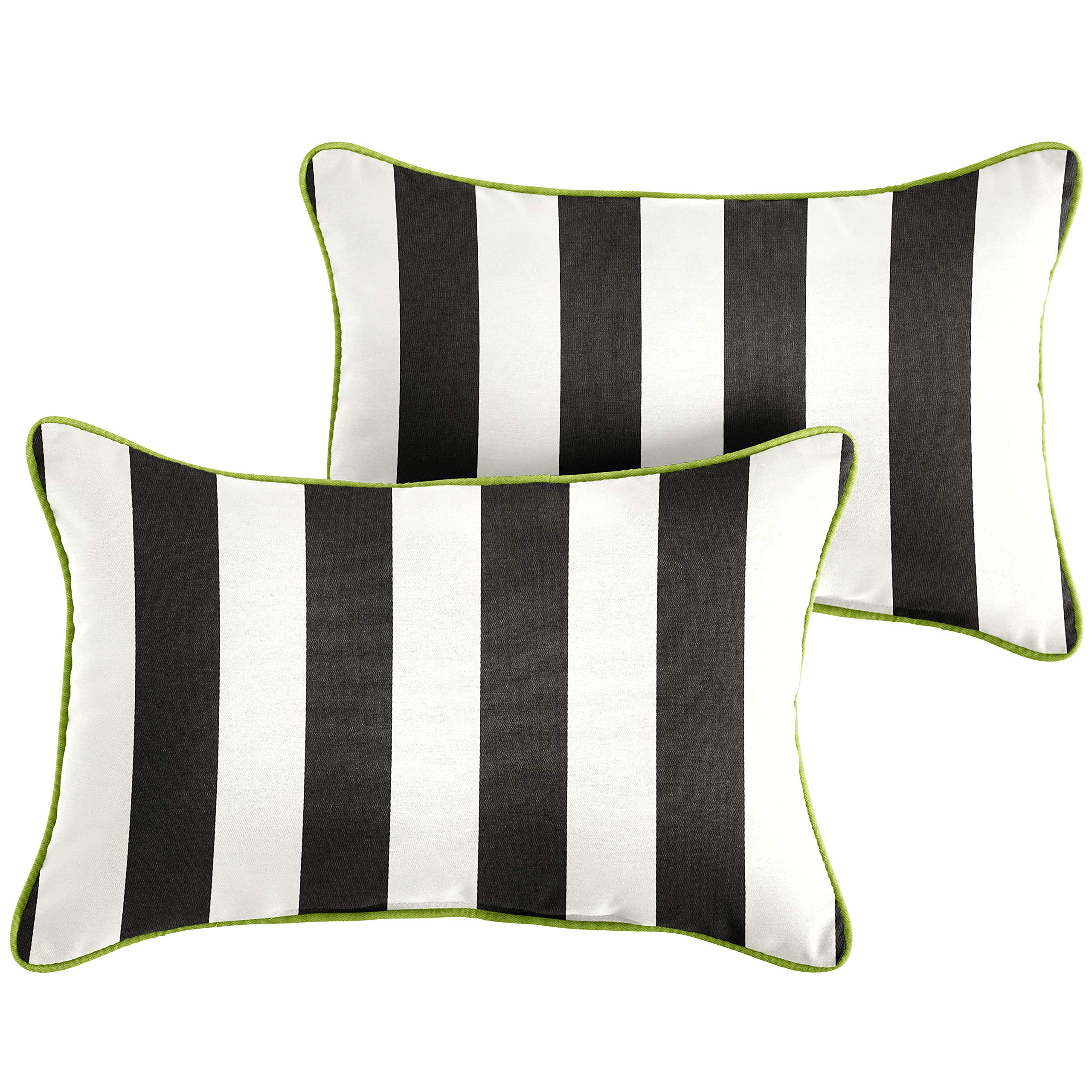Sorra Home Outdoor Sunbrella Pillow Set, 12 in x 18 in, Black White Stripe with Macaw Green