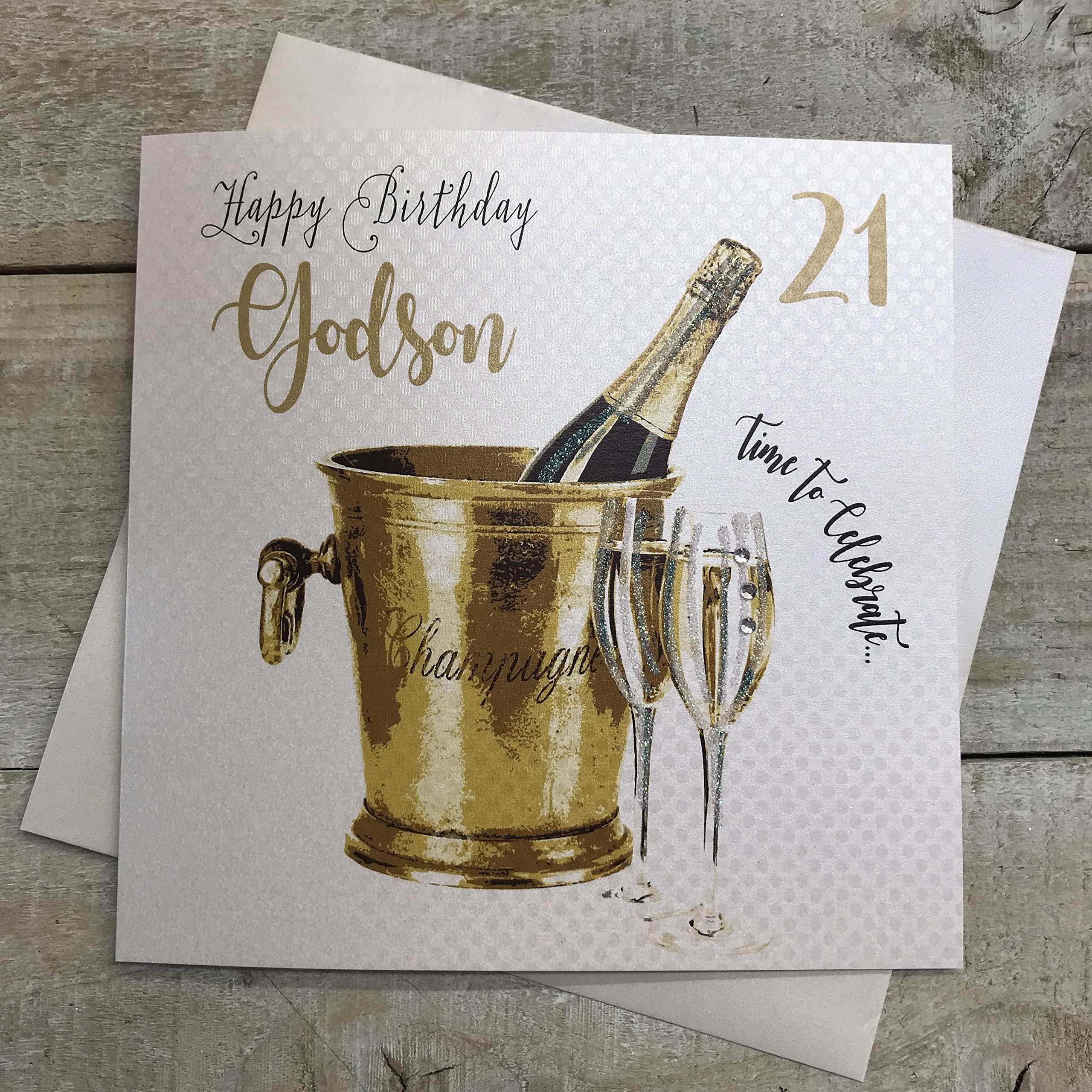 WHITE COTTON CARDS Champagne Bucket, Godson 21 Happy Handmade 21st Birthday Card, White, WBS21-GODS