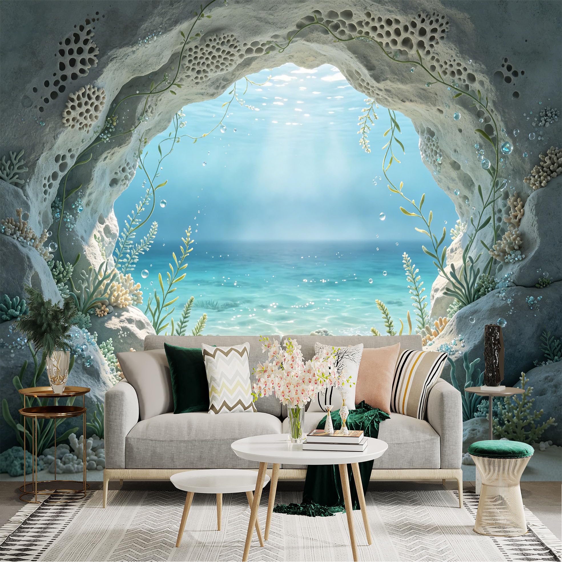 Custom Size Wall Sticker Mural， Underwater Cave with Coral Reef and Ocean View， for wall Decoration， peelandstick wall Decals.