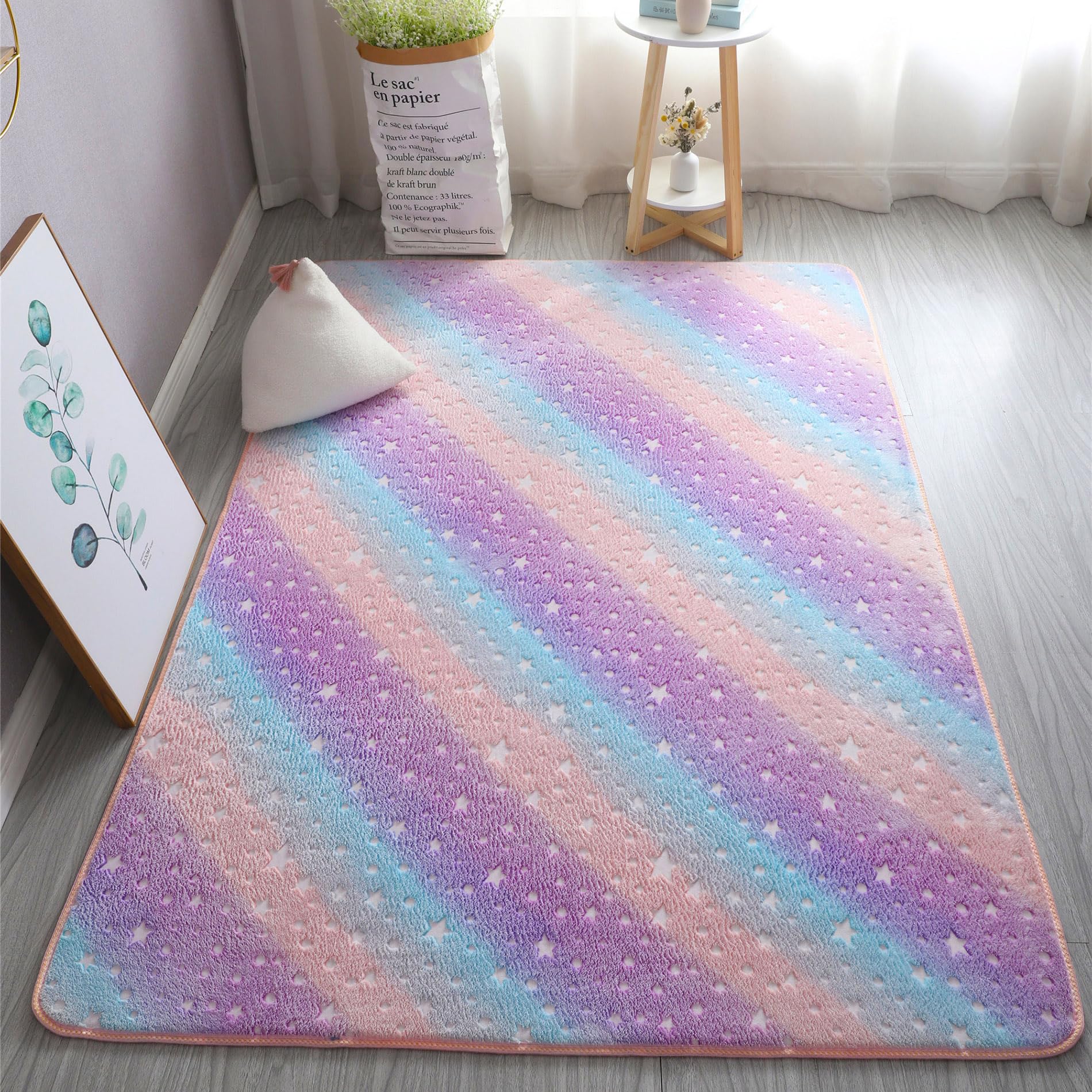 Osifoo Unique Area Rugs, Glow in The Dark Rug Luminous Carpet for Kids Bedroom, Rainbow Star 2.6x5.2 Feet