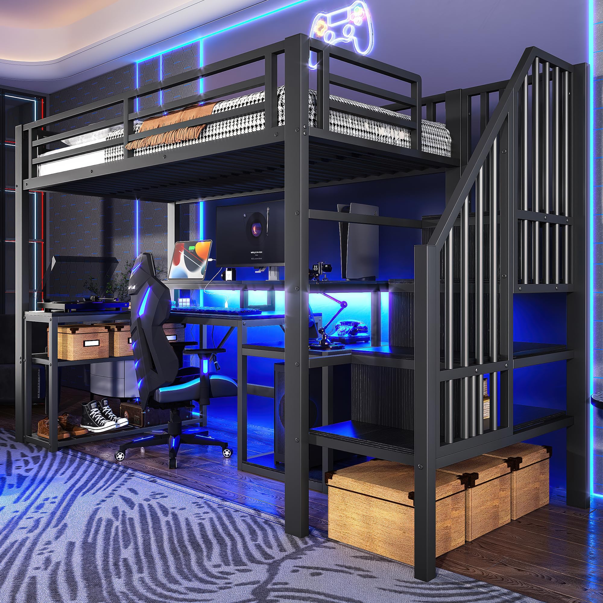 Lubvtti Letto a soppalco in ferro 90 x 200 con luminosa a LED,scrivania,porta USB,vano contenitore,scala con spazio contenitore,letto a castello per bambini,struttura letto per bambini,Nero