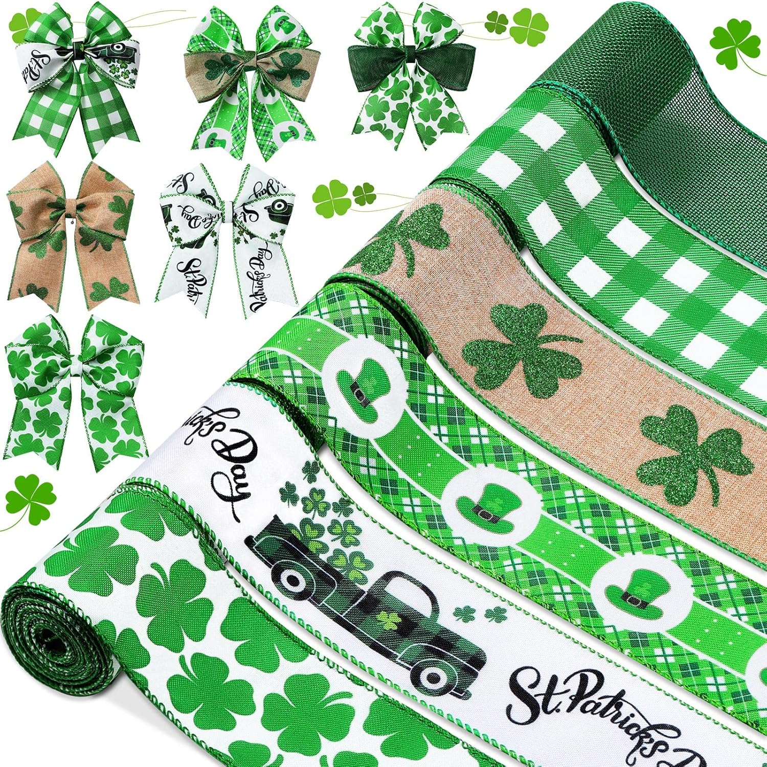 Waydress 6 Rolls St. Patrick's Day Ribbon 2.5 Inch x 24 Yards Shamrocks Wired Edge Ribbon Green Clover Grosgrain Fabric Ribbons for St Patricks Day Gift Wrapping Wreath DIY Craft Hair Bow and Sewing