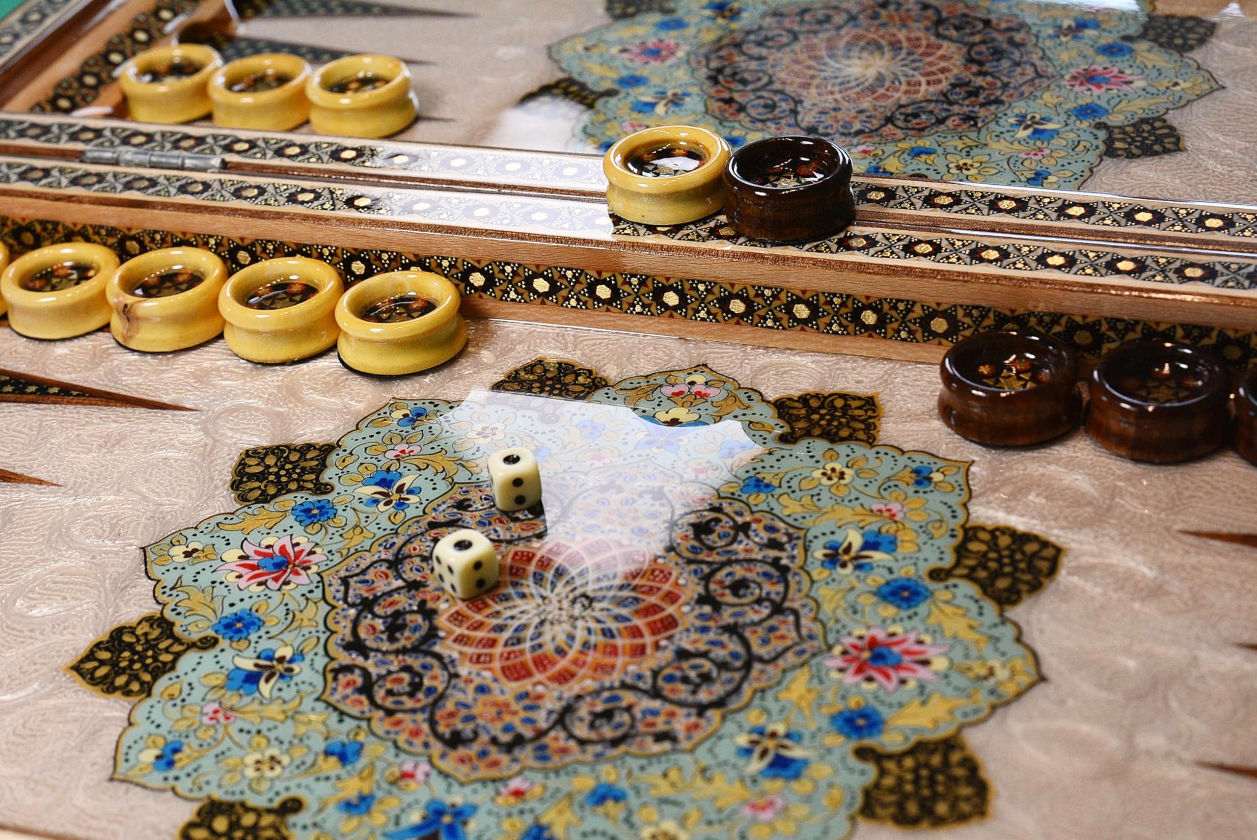 Collection d'échecs de backgammon en bois fait à la main en marqueterie peinte à la main avec étui de protection, dés et pions en bois 50 x 50 cm, 3,5 kg (motif floral premium 13)