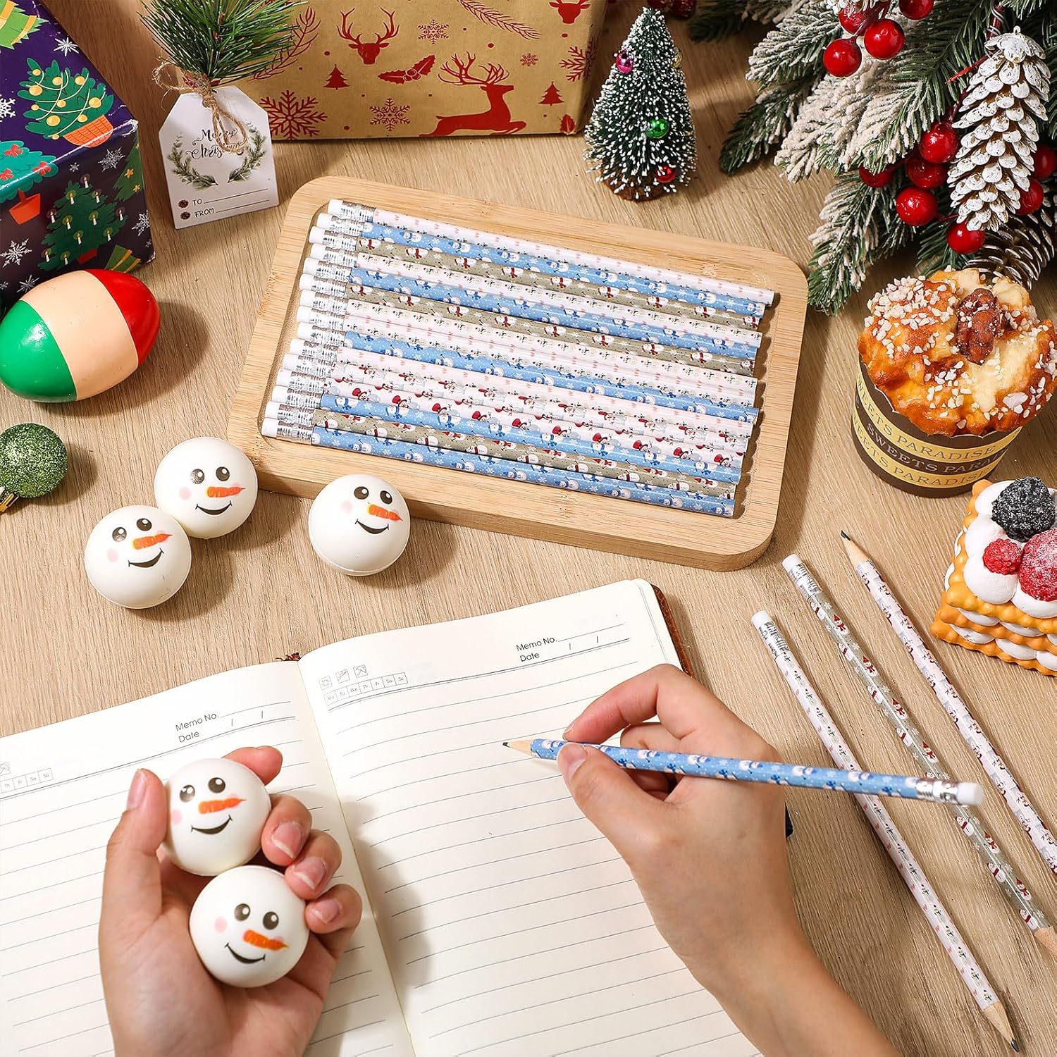 Zhanmai 150 Pcs Winter Snowman Pencils Gifts 100 Winter Pencils with 50 Snowman Foam Stress Ball Party Favor for Students Holiday Valentine School Stocking Stuffers Bag Filler