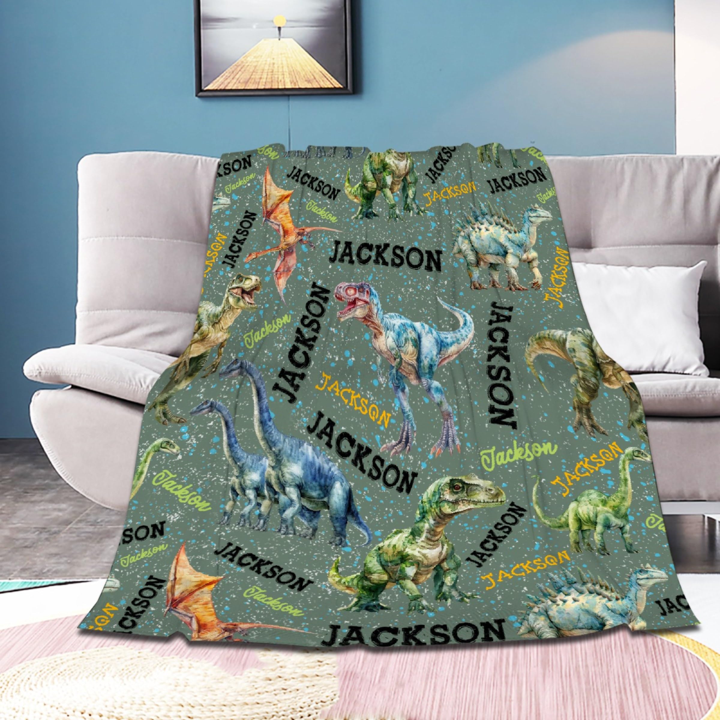 Personalized Dinosaurs Blanket Gift for Boy Girl,Custom Dinosaur Blanket