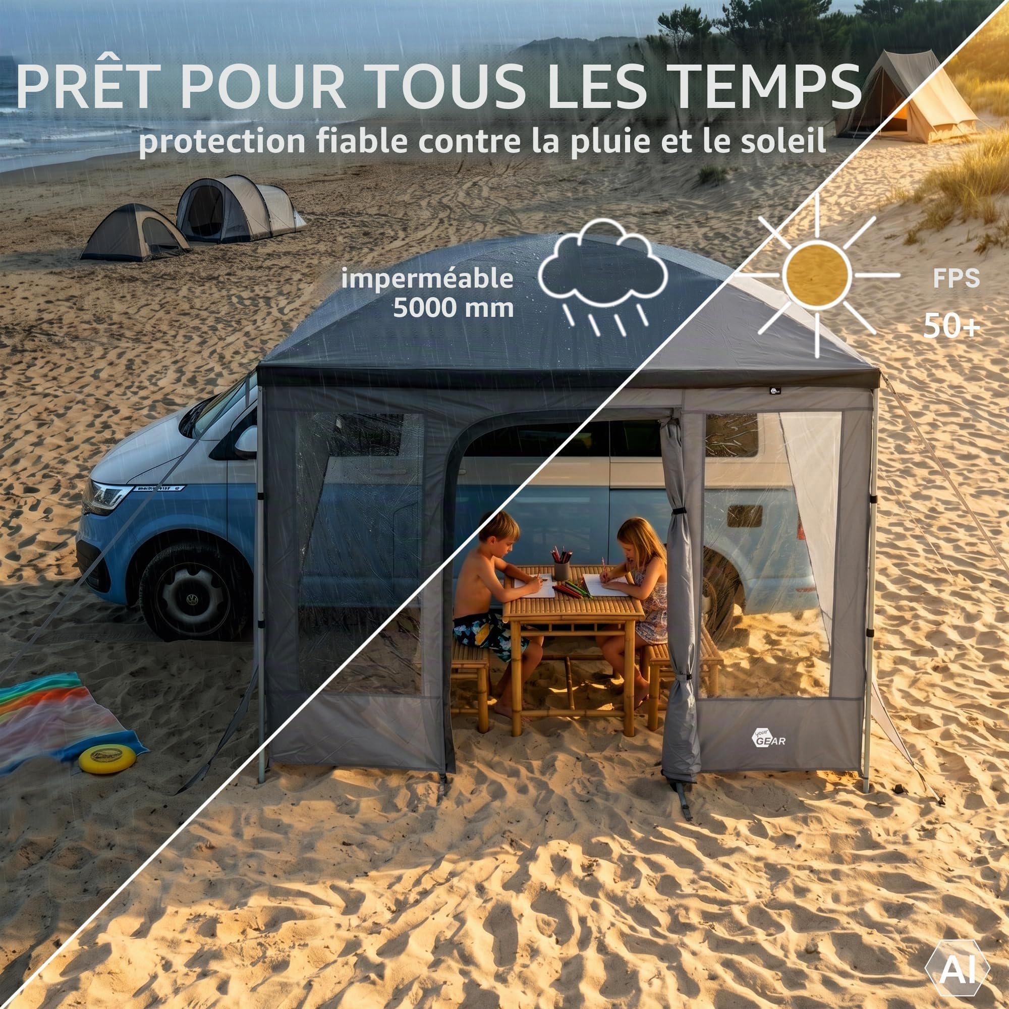your GEAR Parasol - Auvent pare-soleil pour Bulli, Multivan, camping-car, 260 x 260 cm, 2 parois latérales ou your GEAR Paroi avant - 260 x 235 cm Paroi avant avec porte et fenêtre (paroi avant pour