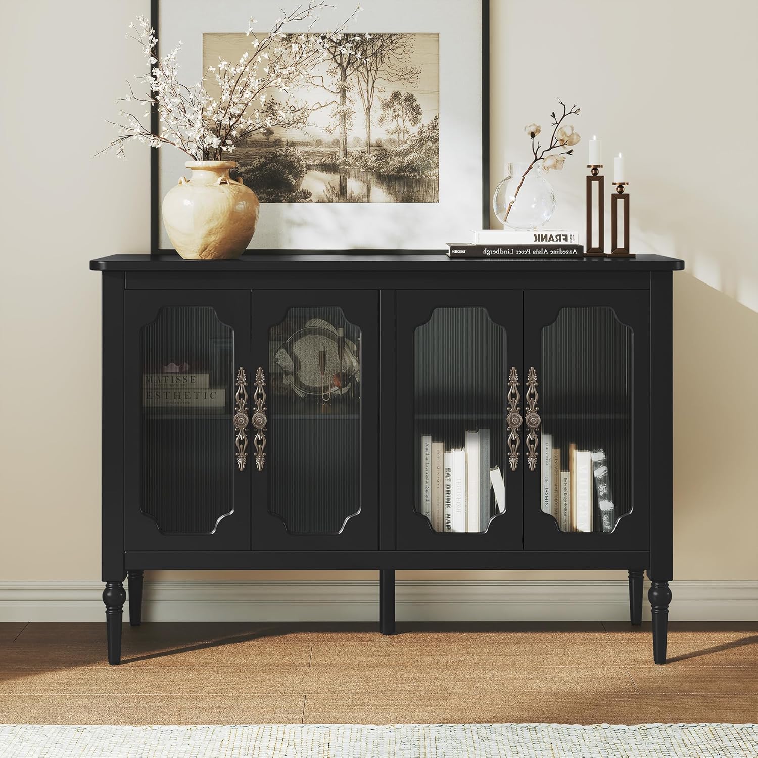 Vintage Buffet Sideboard with 4 Glass Doors, 48" Mid Century Style Storage Cabinet with Shelves, Deractive Crezada, Black Accent Cabinet for Living Room, Kitchen