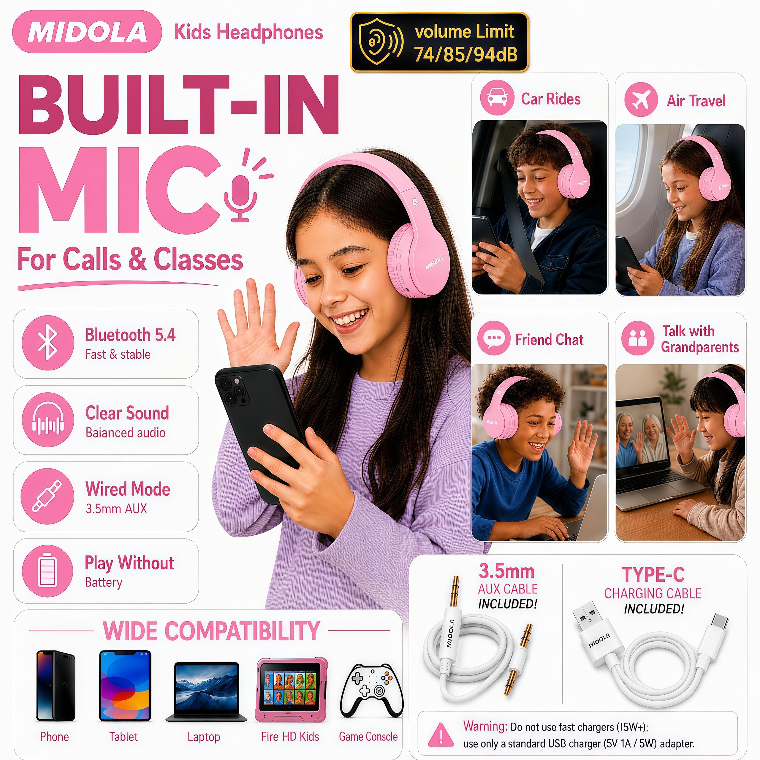 MIDOLA Auriculares Bluetooth inalámbricos para niños, límite de volumen de 85 dB/110 dB, protección contra el ruido, plegables, con cable, cable AUX, micrófono para niños, niñas, viajes, escuela,