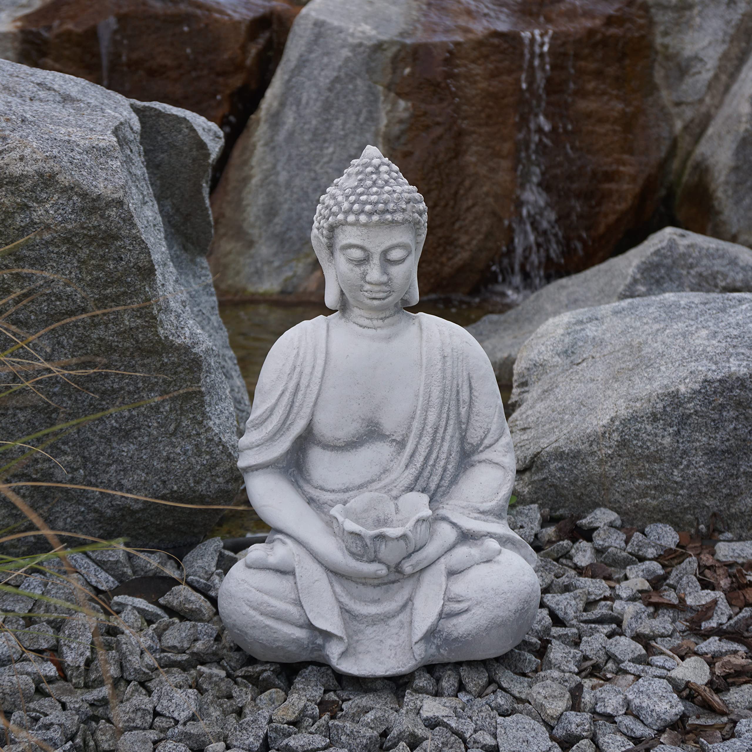 gartendekoparadies.de Buddha mit Schale, Steinfigur, H. 38 cm, 11 kg, Grau, frostsicher aus Steinguss für Außenbereich