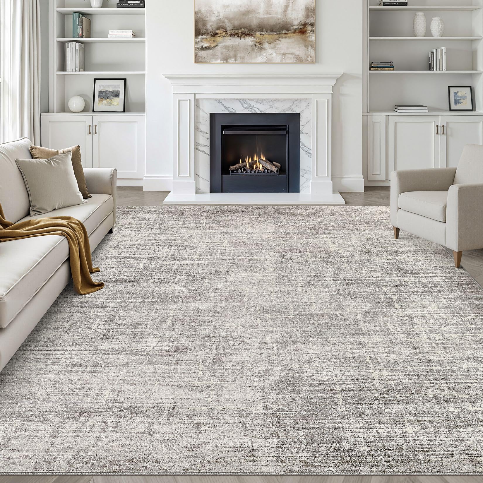 9x12 Area Rugs Living Room: Washable Large Neutral Rug Abstract Soft Modern Stain Resistant Indoor Floor Non-Slip Carpet for Bedroom Nursery Kids Office Playroom Dining Room Under Table- Brown Gray
