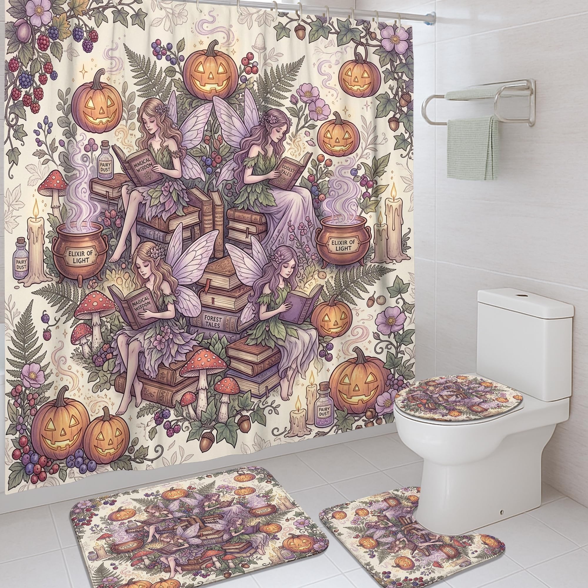 Rideau de douche automne champignon violet en polyester imperméable avec tapis de bain