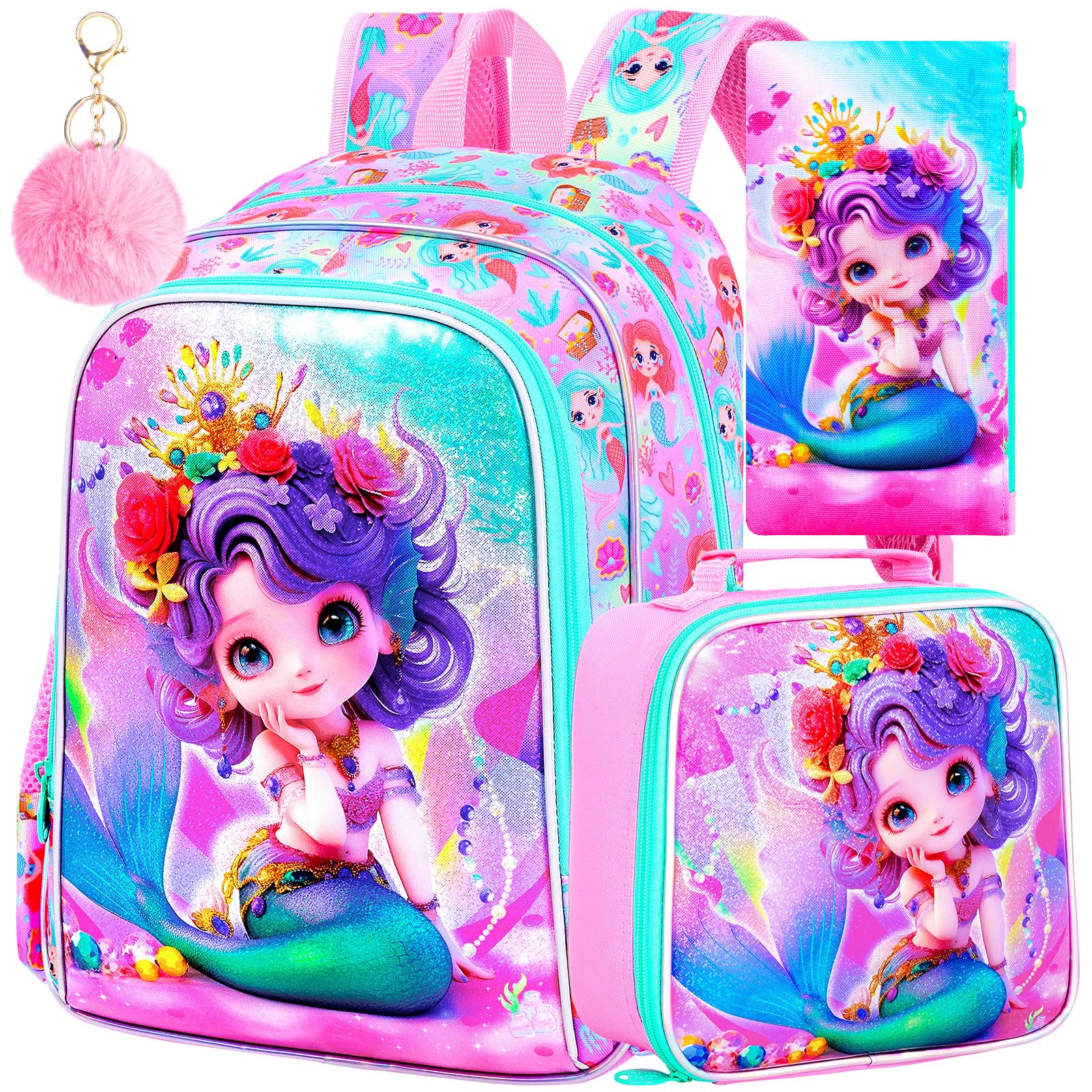 FTJCF Mermaid Backpack, 16" Girls Kids Bookbag with Lunch Box，3Pcs School Backpacks for Elementary Preschool Kindergarten (Pink)