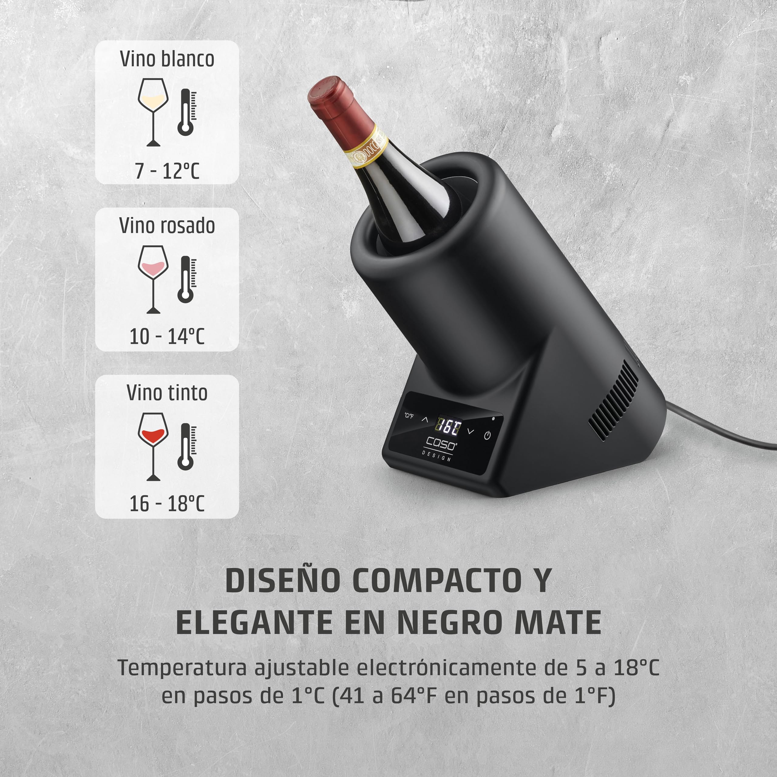 CASO VinoCase Enfriador para botella de vino, champán, etc., temperatura 5 – 18 °C, para botellas de hasta 9 cm de diámetro, funcionamiento silencioso, negro
