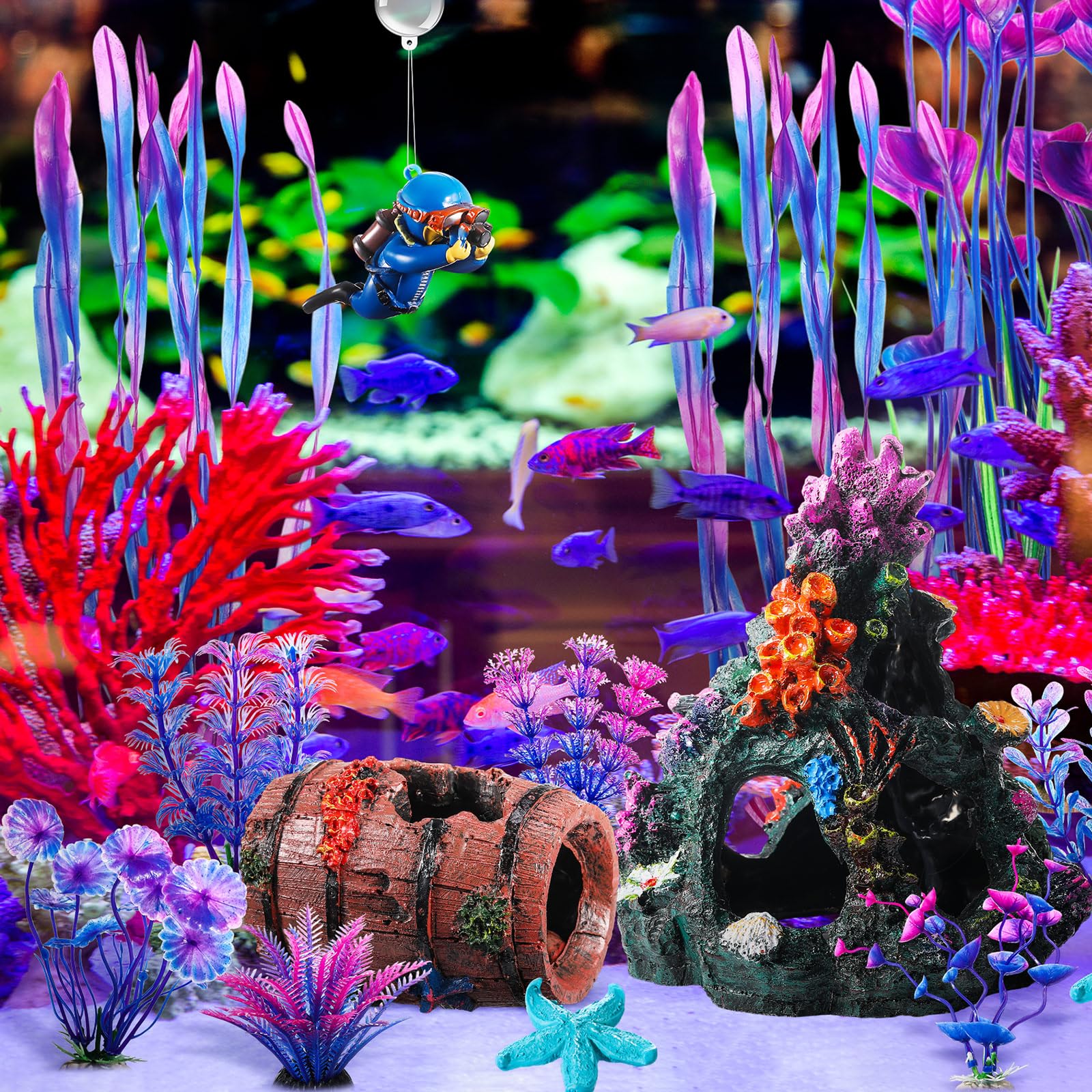 Zeyune Aquarium-Dekoration, Bergdekoration, gebrochenes Fass versunkenes Schiff, künstliche Meeresalgen, Wasserpflanzen, buntes Korallenriff für Fischschale, Dekoration, Aquarium, 15 Stück