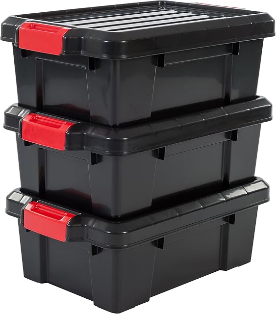 Iris Ohyama, Set of 3, DIY Box, 12.5 L, with snap closure, stackable, Garage - Power Box SK-130 - Black