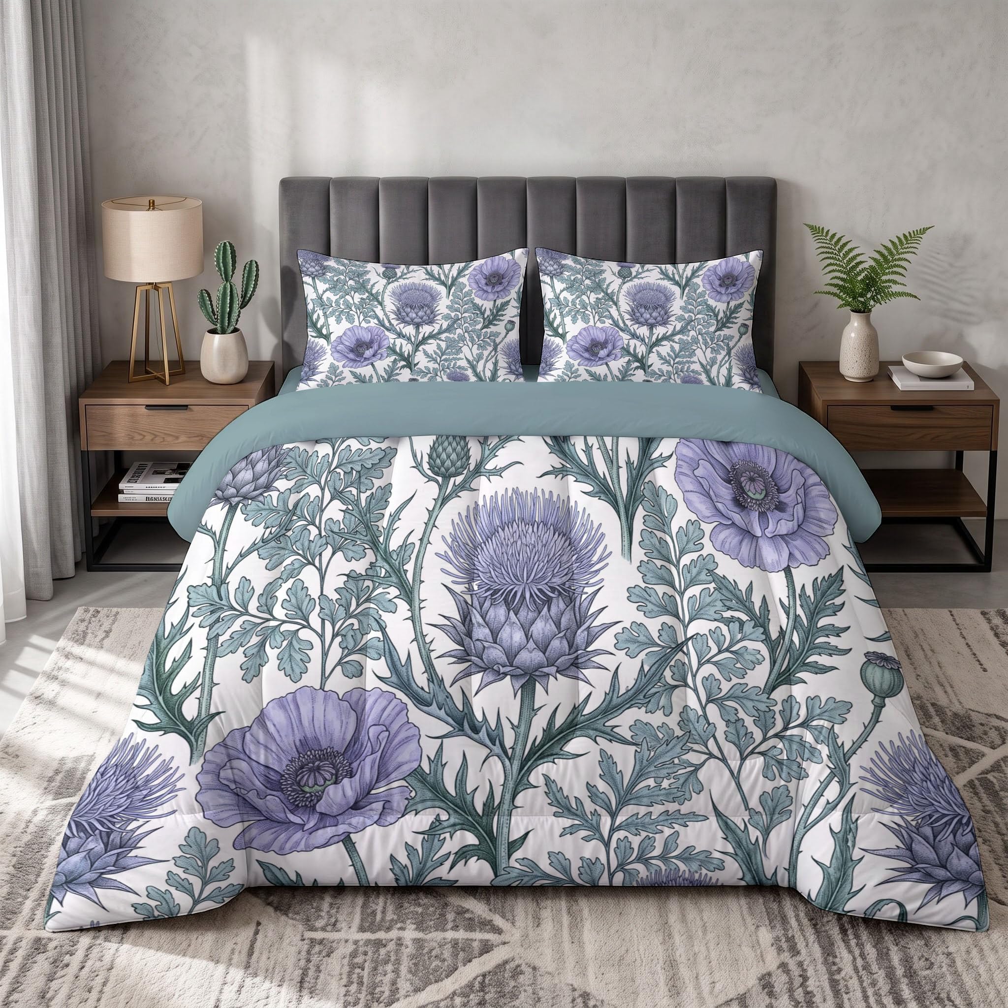 Bettdecke Ohne Bezug 140x200cm Distel Mohn 4 Jahreszeiten Steppdecke | Englische Vintage-Blumen Weich Kuschelig Bettbezug Set - Waschbar Warme Bettbezug Set Mit 2 Kissenbezug
