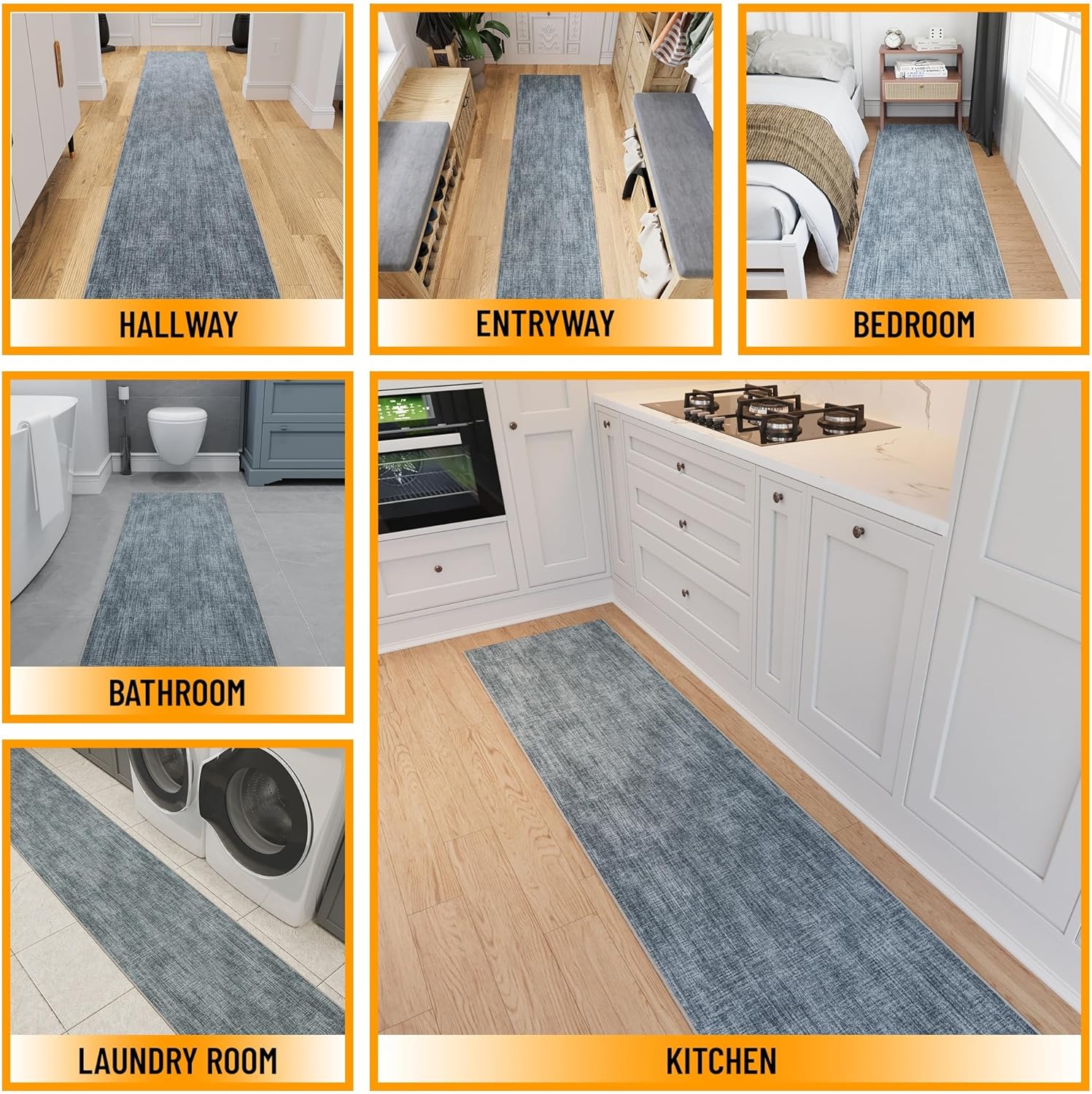 Ottomanson Runner Rug 1'10.5" x 8' – Soft Non-Slip Rug, Quick Dry Low Pile Carpet for Entryway, Kitchen, Hallway & Narrow Indoor Spaces, Solid Greyish Blue