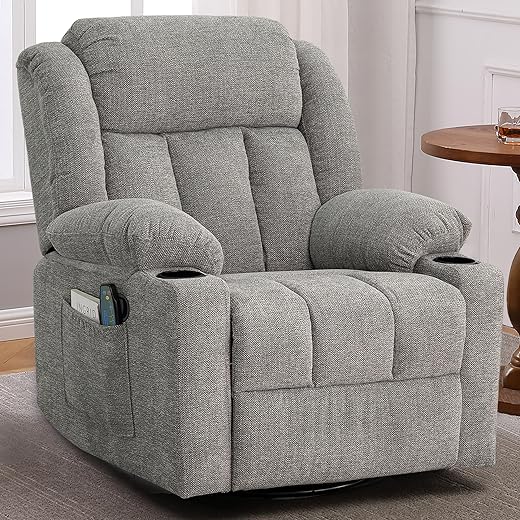 Rocker Swivel Recliner Chair for Adults, Overstuffed Large Manual Recliner Glider with Massage and Heat, Comfy Soft Fabric Living Room Reclining Sofa Chair(Lime Gray) B0CLG51FZJ