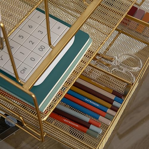 Miniatura 6 de Martha Stewart Ryder - Organizador de escritorio grande de metal de malla dorada con archivador de papel, organizador y cajón