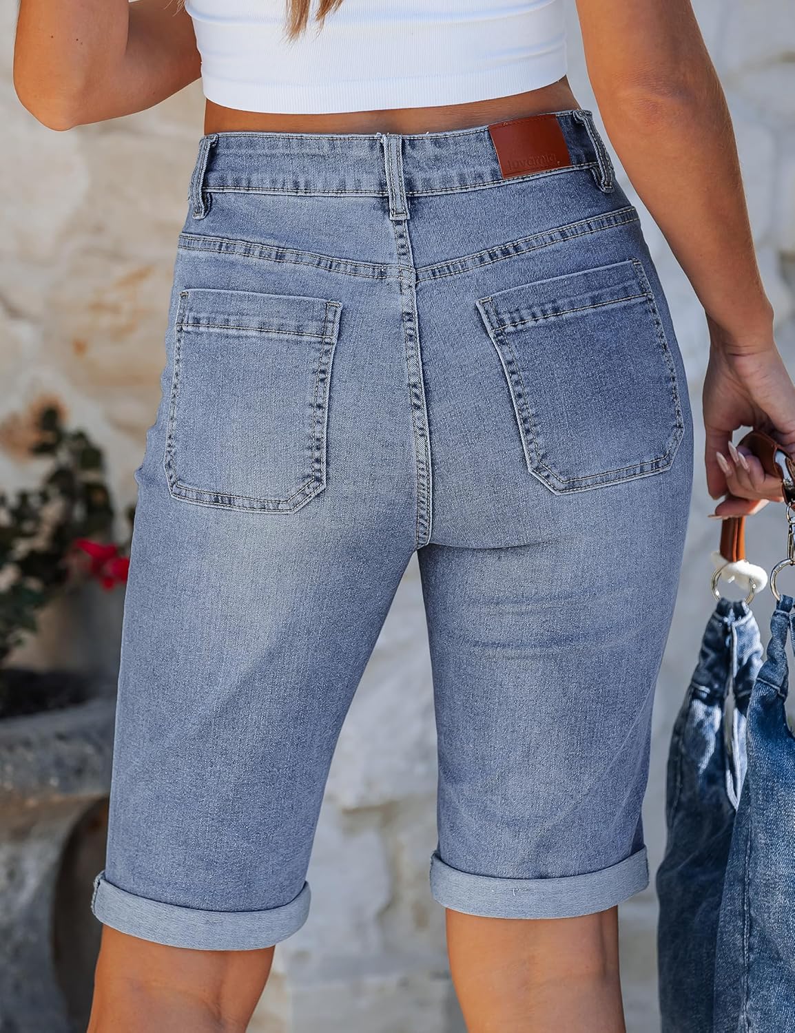 luvamia Jean Bermuda Shorts for Women High Waisted Patch Pocket Knee Length Fold Hem Casual Stretchy Denim Long Shorts - Image 3