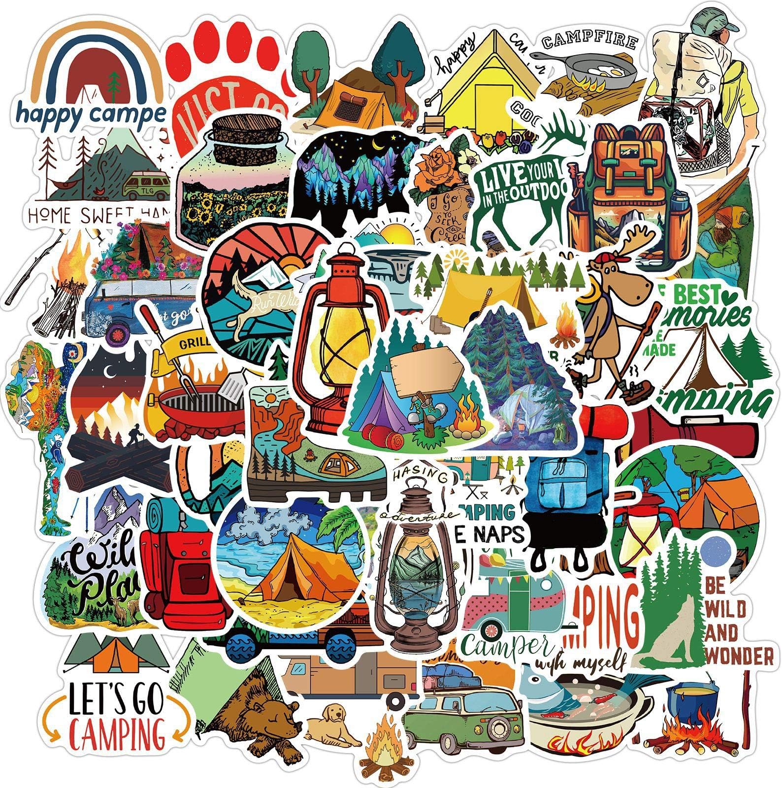 Outdoor Hiking Adventure Camping Water Bottle Stickers,50Pcs Kids Aesthetic Vinyl Waterproof Decorative Sticker,Luggage Motorcycle Wilderness Nature Decals for Camper Boys Adults Teens Girls