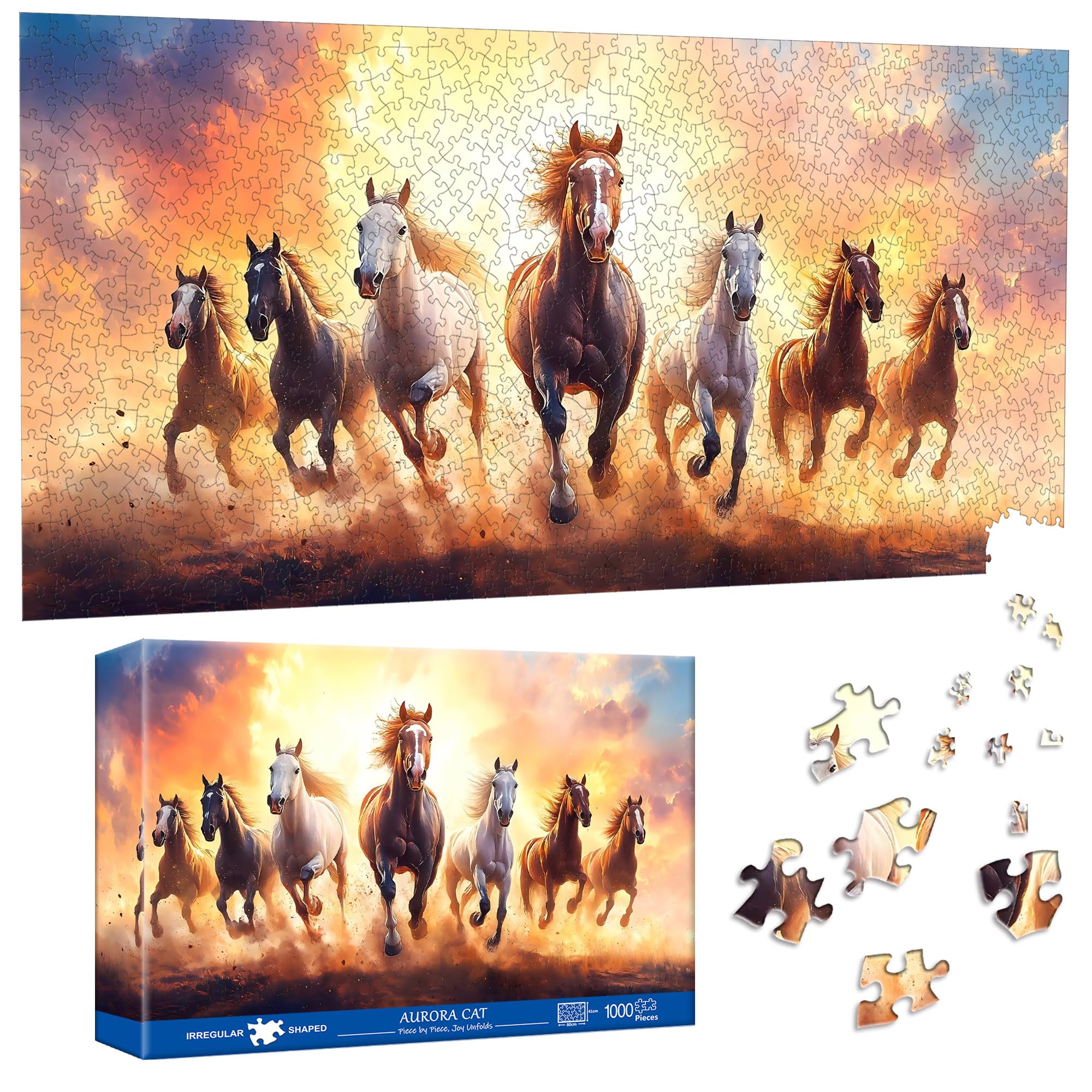 Pavemlo Special Shape Puzzles for Adults 1000 Pieces - SEVEN HORSES Jigsaw Puzzle Challenging Impossible Puzzle, Unique Home Decor & Game (41x80 cm) for Puzzle Lovers